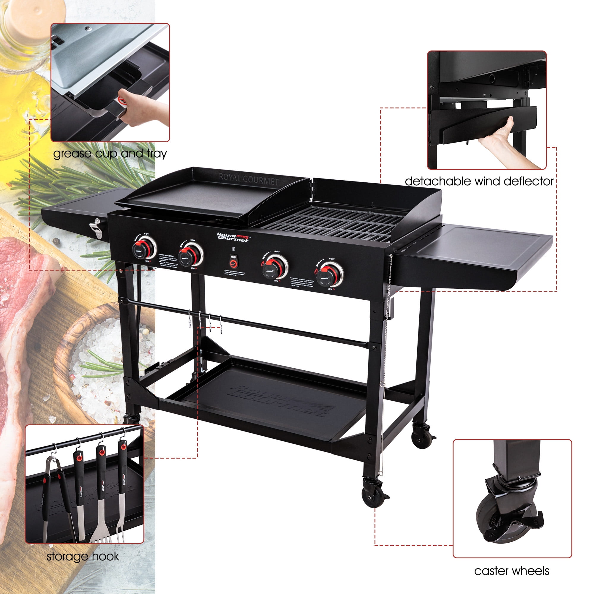 Royal Gourmet 4-Burner GD402 Portable Flat Top Gas Grill and Griddle Combo with Folding Legs, 48,000 BTU, Black - Image 9
