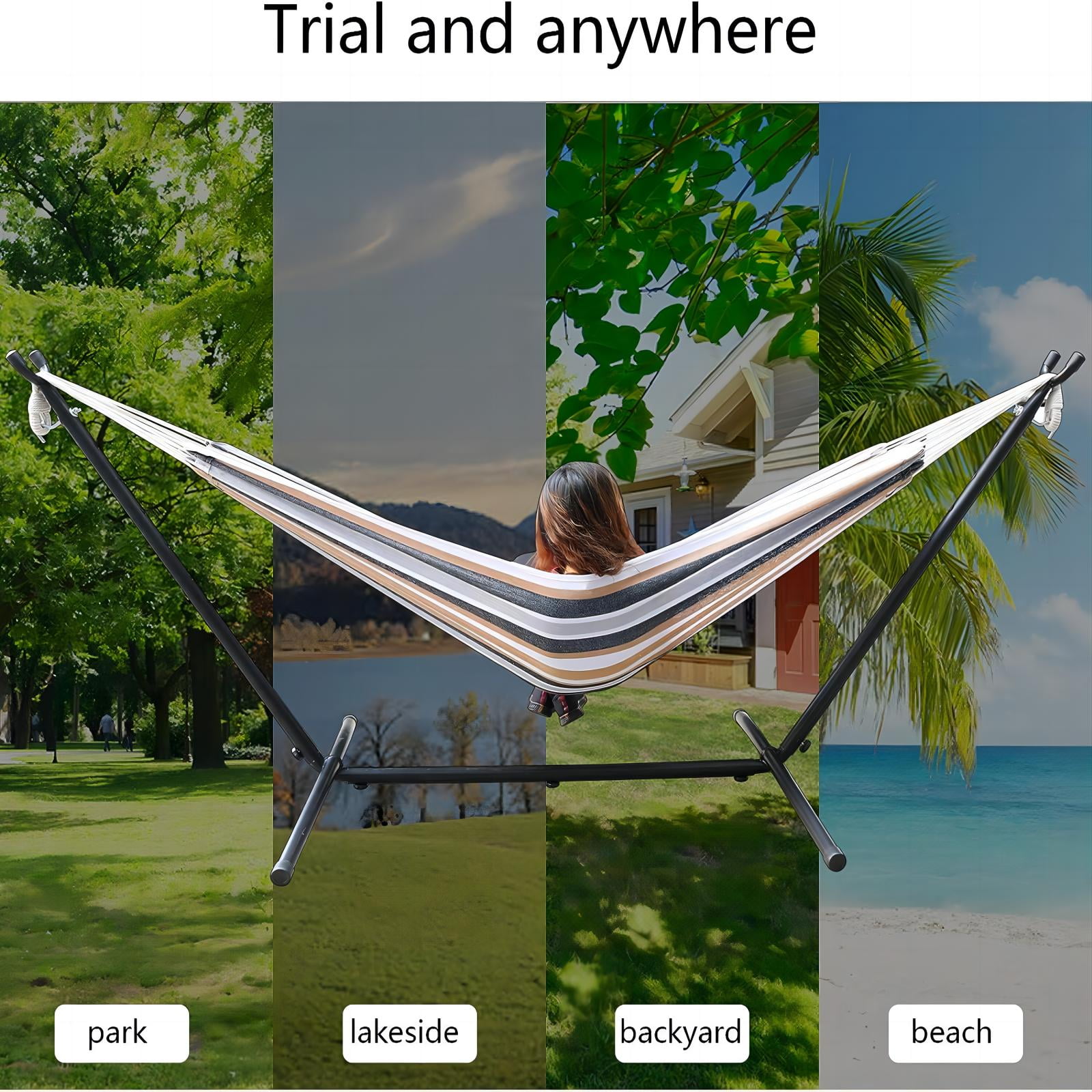 Vebreda 2-Person Brazilian-Style Cotton Double Hammock with Stand Set w/ Carrying Bag - Brown - Image 11