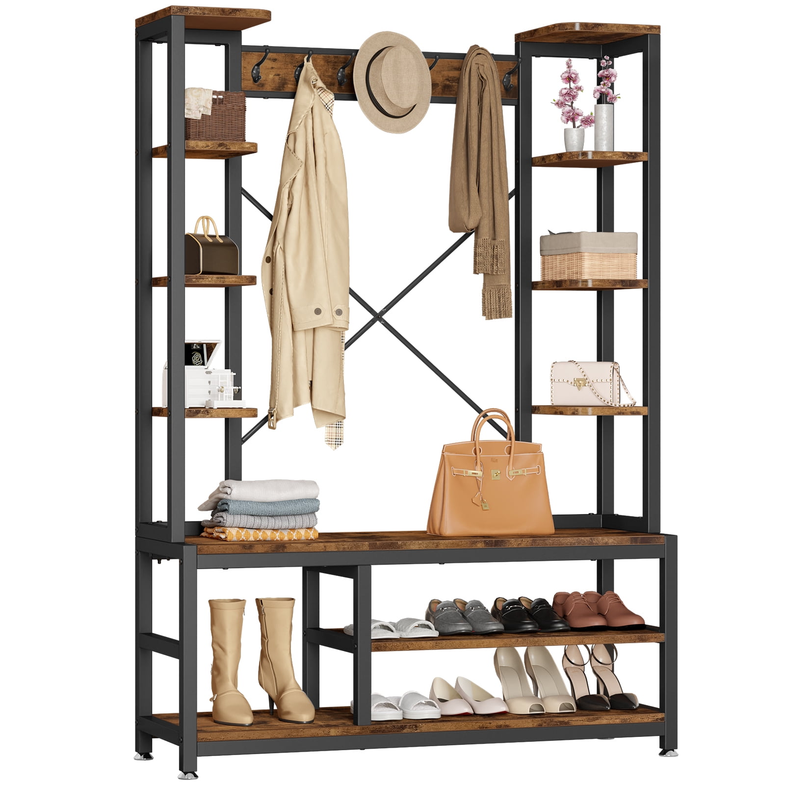 Dextrus Entryway Coat Rack with Bench and Shoe Storage, 5-in-1 Coat Tree with 16 Hooks, Rustic Brown - Image 6