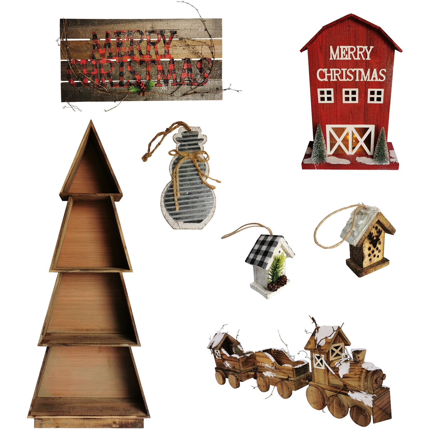 Fraser Hill Farm Woodland Christmas 7-Piece Decorating Kit: Tree Shelf, Lighted Barn, Train, Wall Sign, Snowman, and 2 Birdhouse Ornaments - Image 2