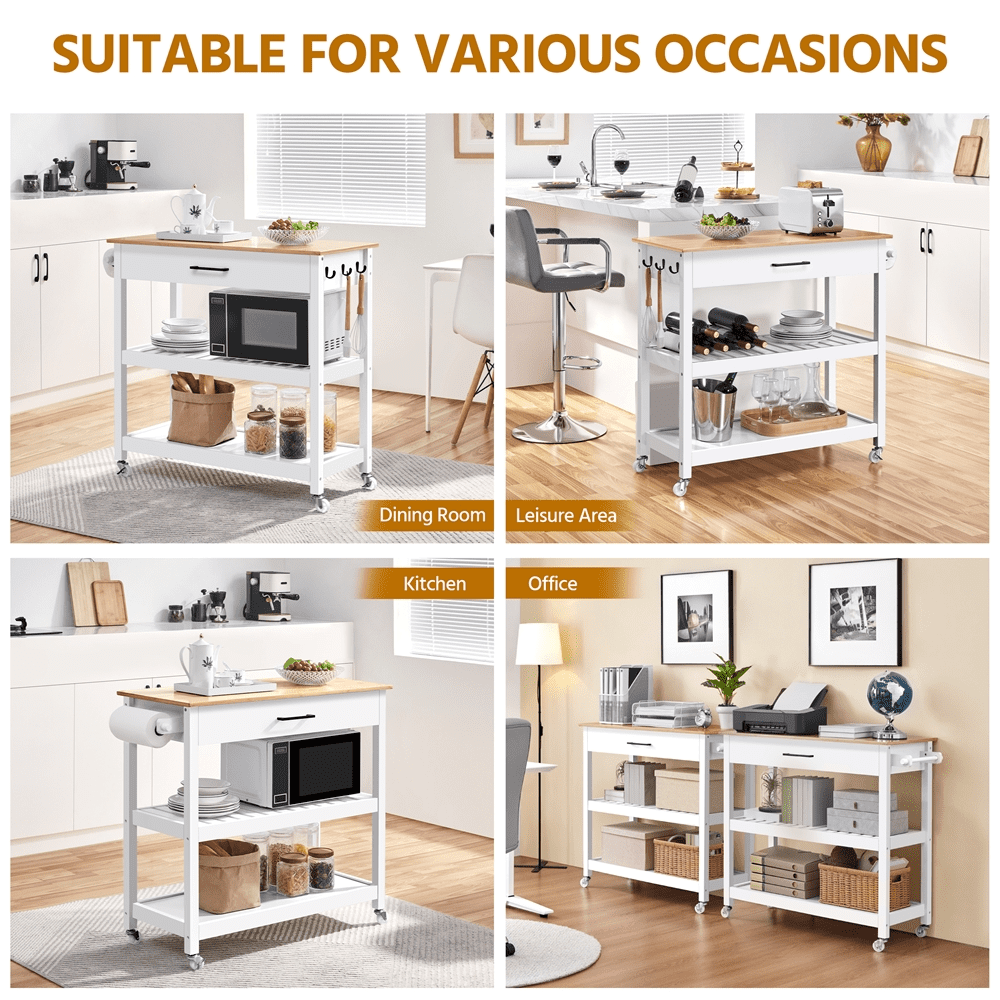 Alden Design Rolling Kitchen Island Cart with Storage & Drawer, White - Image 3