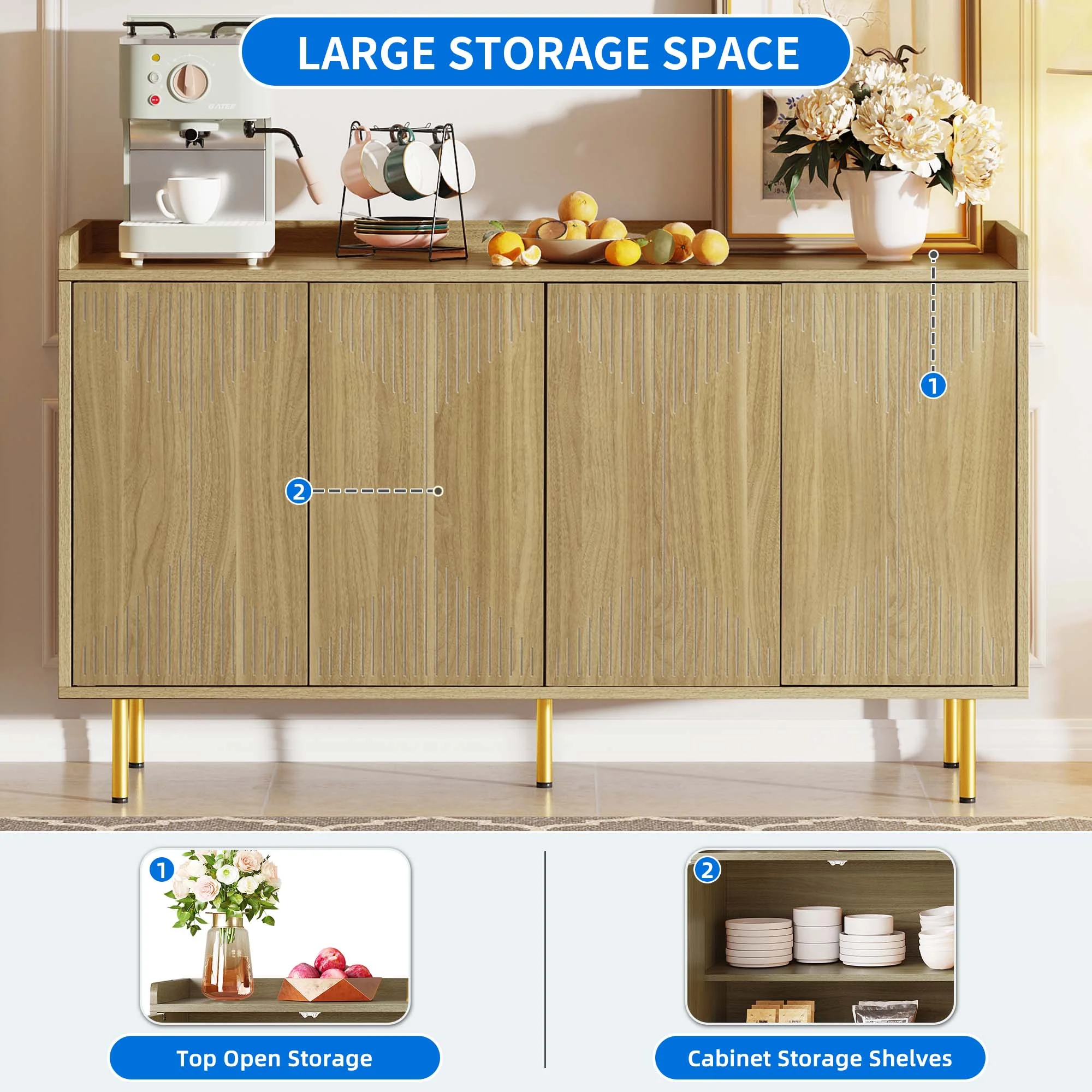 Uforic Storage Sideboard Cabinet Modern 4 Doors Kitchen Buffet Cabinet with Carved Design Doors Television Tables Entryway Cupboard Furniture with Gold Metal Legs,Brown - Image 3