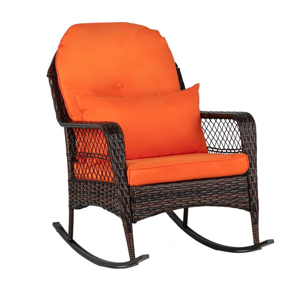 Zimtown Outdoor Wicker Rocking Chair Rattan Outdoor Patio Yard Furniture, Outdoor Rocking Chair w/ Thick Cushion, Wicker Rocker, Orange - Image 2