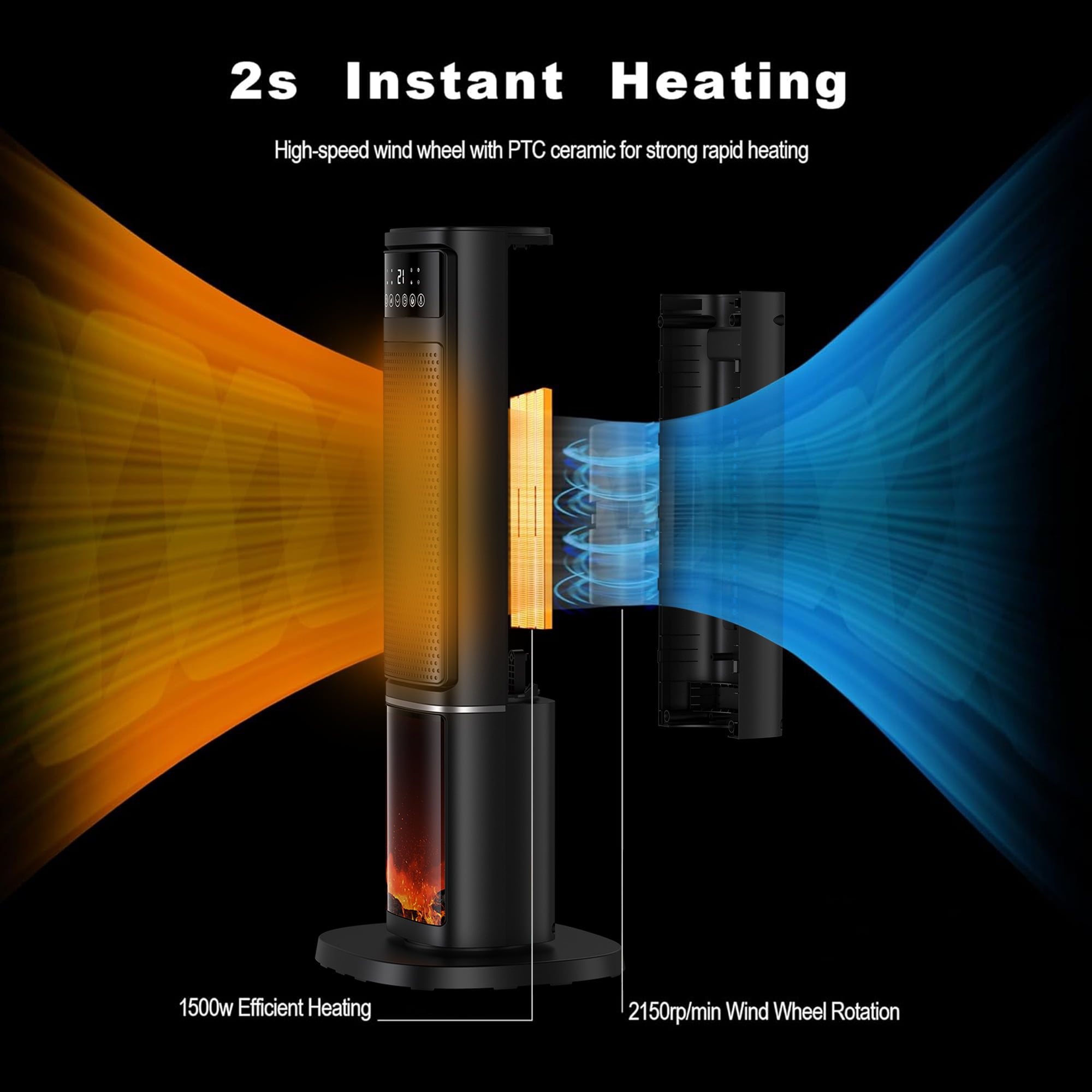 HONGGE 1500W Electric Space Heater PTC Fast Heating Ceramic Heater 3D Realistic Flame Safety Features for Office, Bedroom & Home - Image 5