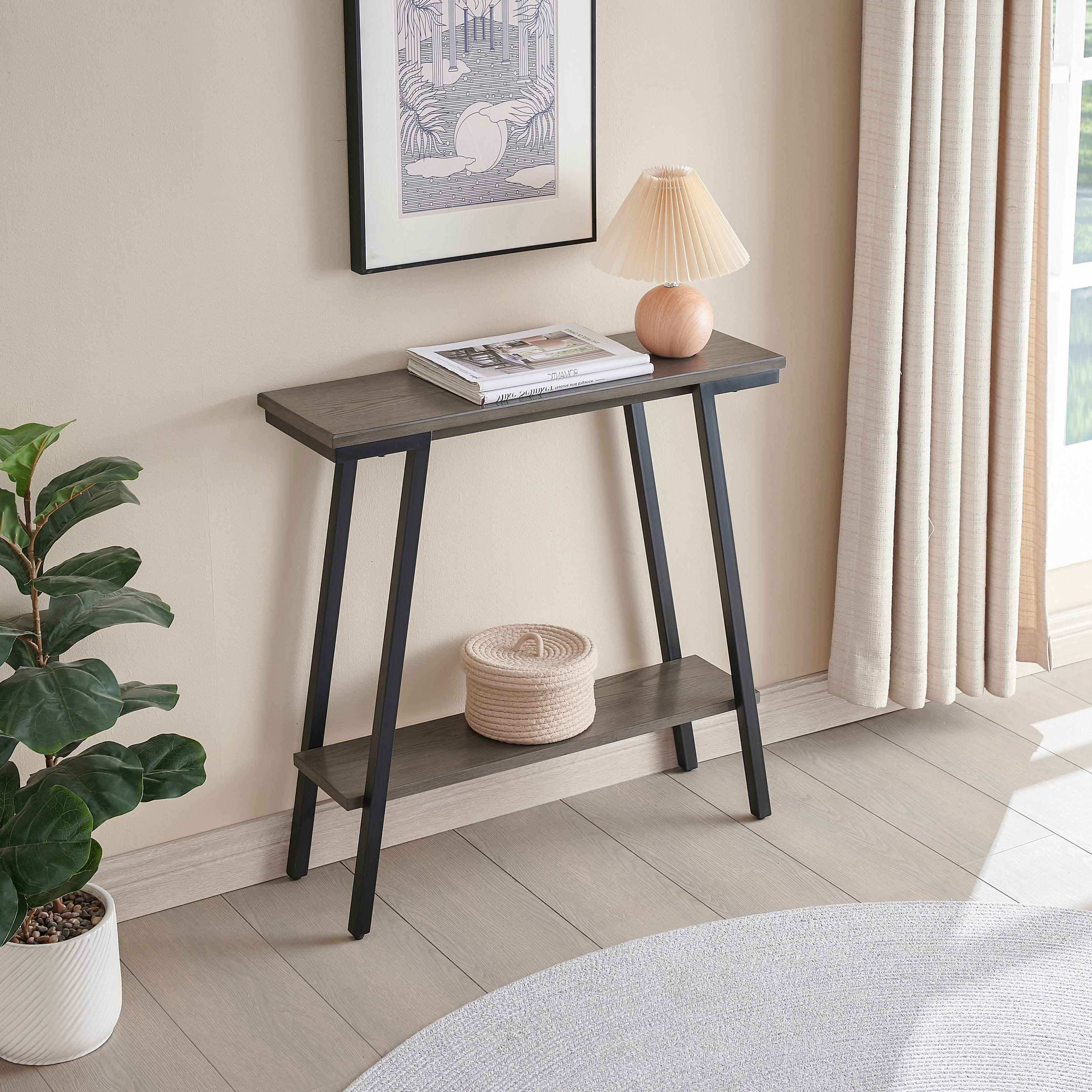 Leick Home Empiria 30" Wood and Metal Hall Console Table with Shelf, Gray/Matte Black - Image 9