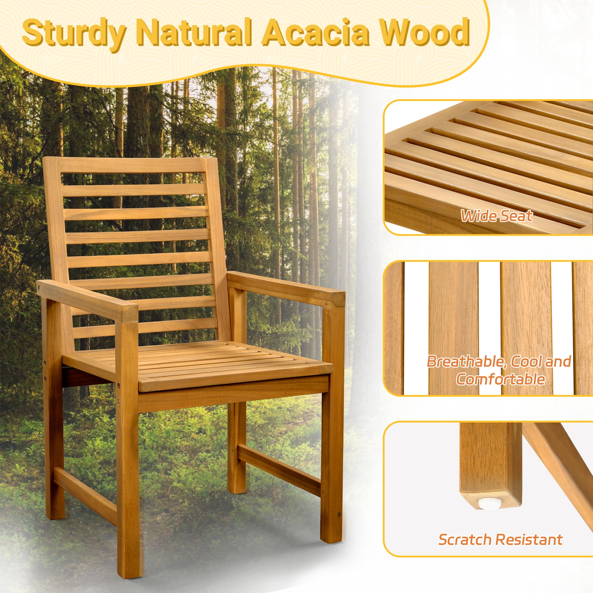 TrumanPick Set of 2 Outdoor Patio Dining Chairs, Waterproof Acacia Wood Armrest Chairs, Teak - Image 6