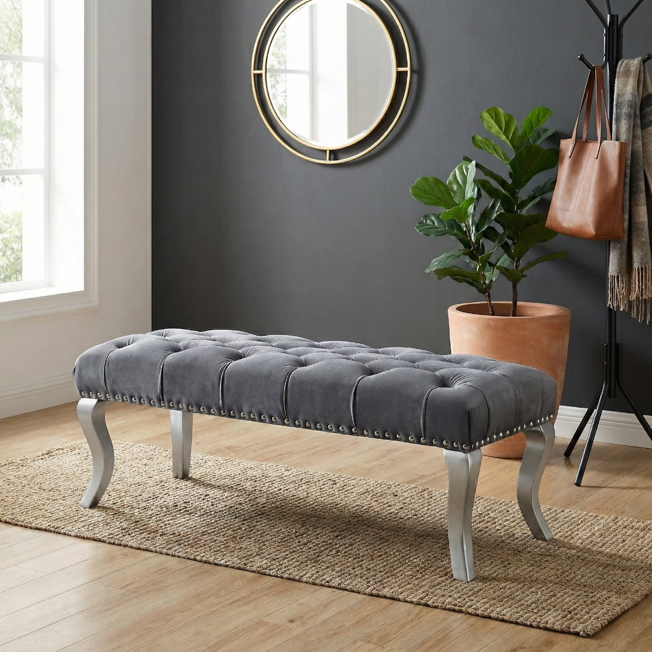 Roundhill Furniture Decor Maxem Fabric Upholstered Bench with Nailhead Gray - Image 6