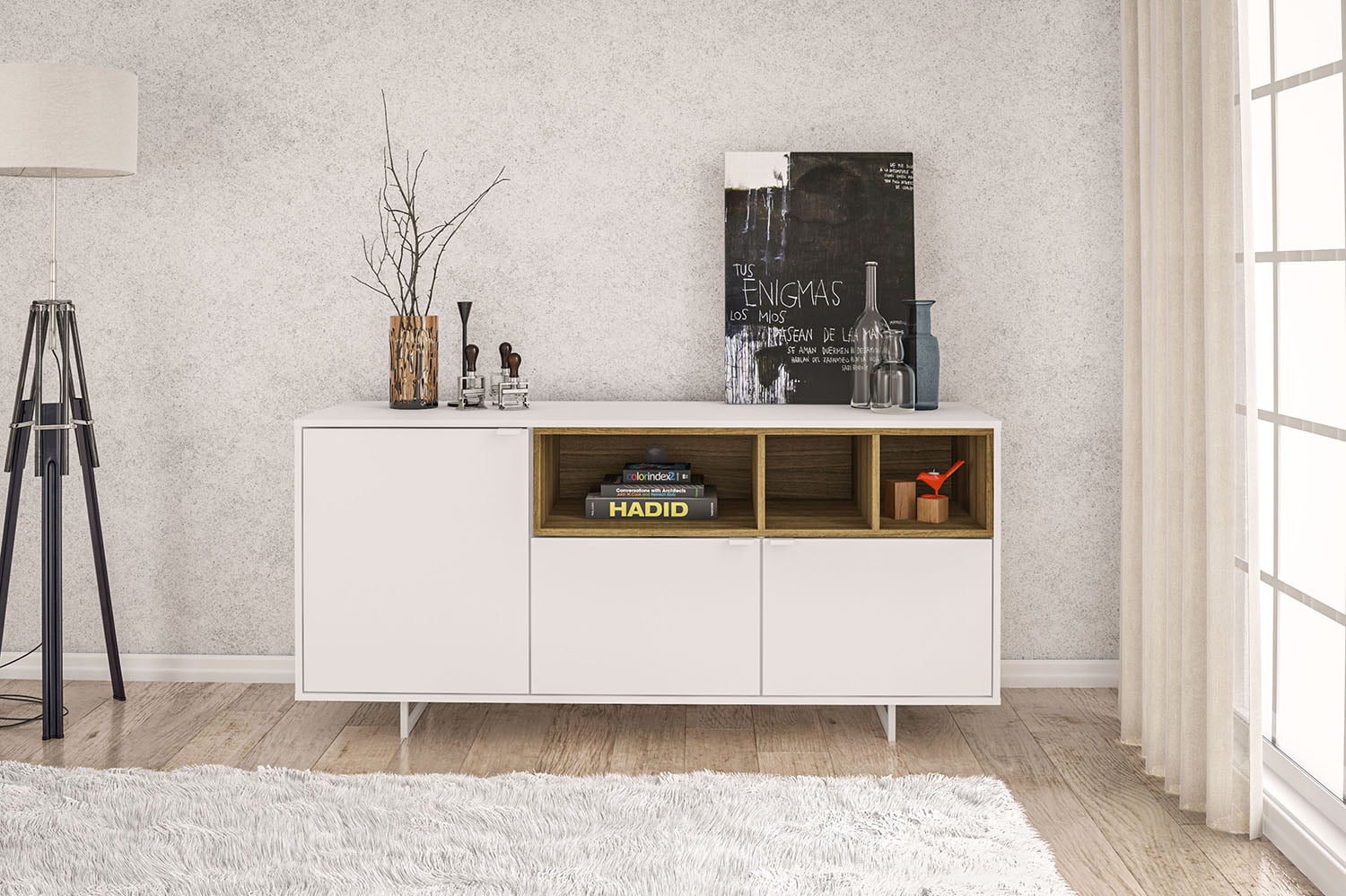 Polifurniture Honolulu TV Stand with 3 Open Shelves for TVs up to 65, White & Walnut - Image 3