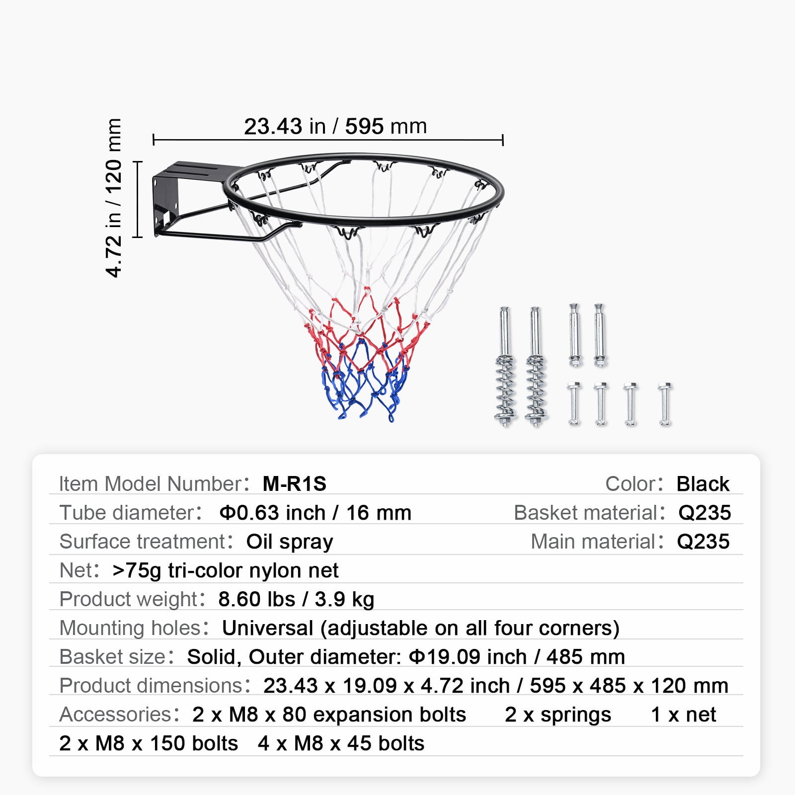 KFFKFF Basketball Goal, Attachable to Wall or Door, Robust Q235 Basketball Flex Rim Substitute with Net, Conventional 18" Indoor and Outdoor Suspended Basketball Hoop for Children and Adults - Image 9