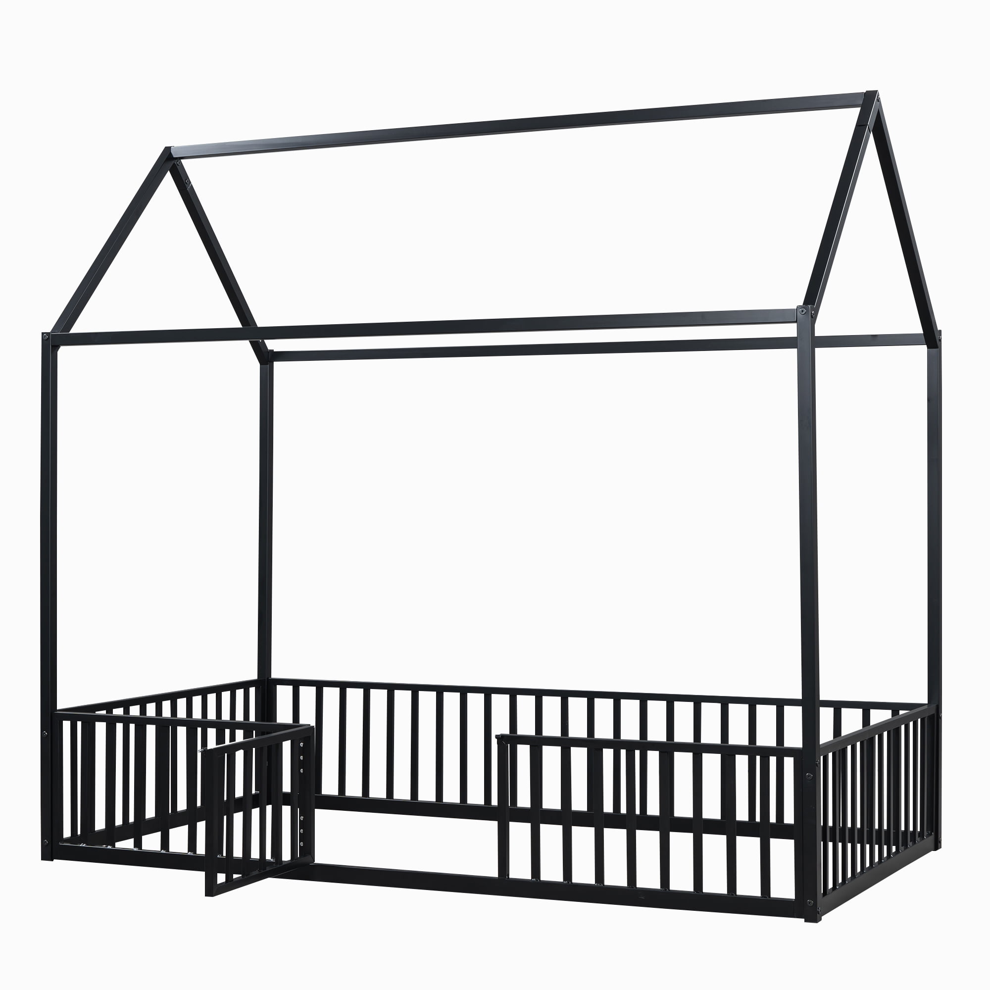 Euroco Metal Twin Size House Bed Frame, Low Profile Canopy Bed with Fence and Door for Kids, Black - Image 16