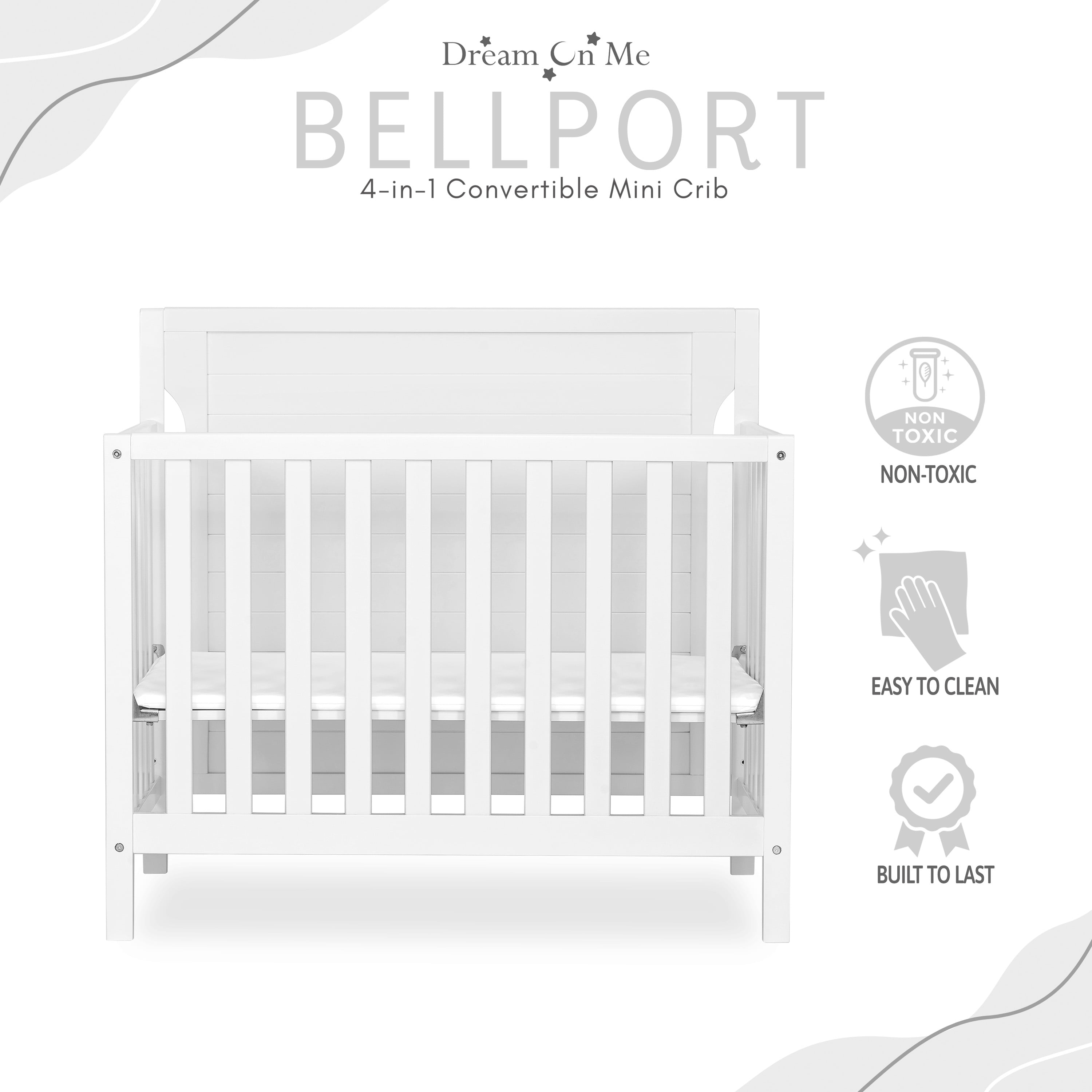 Dream On Me Bellport 4 in 1 Convertible Mini/Portable Crib in White, Non-Toxic Finish, Made of Sustainable New Zealand Pinewood, with 3 Mattress Height Settings - Image 8