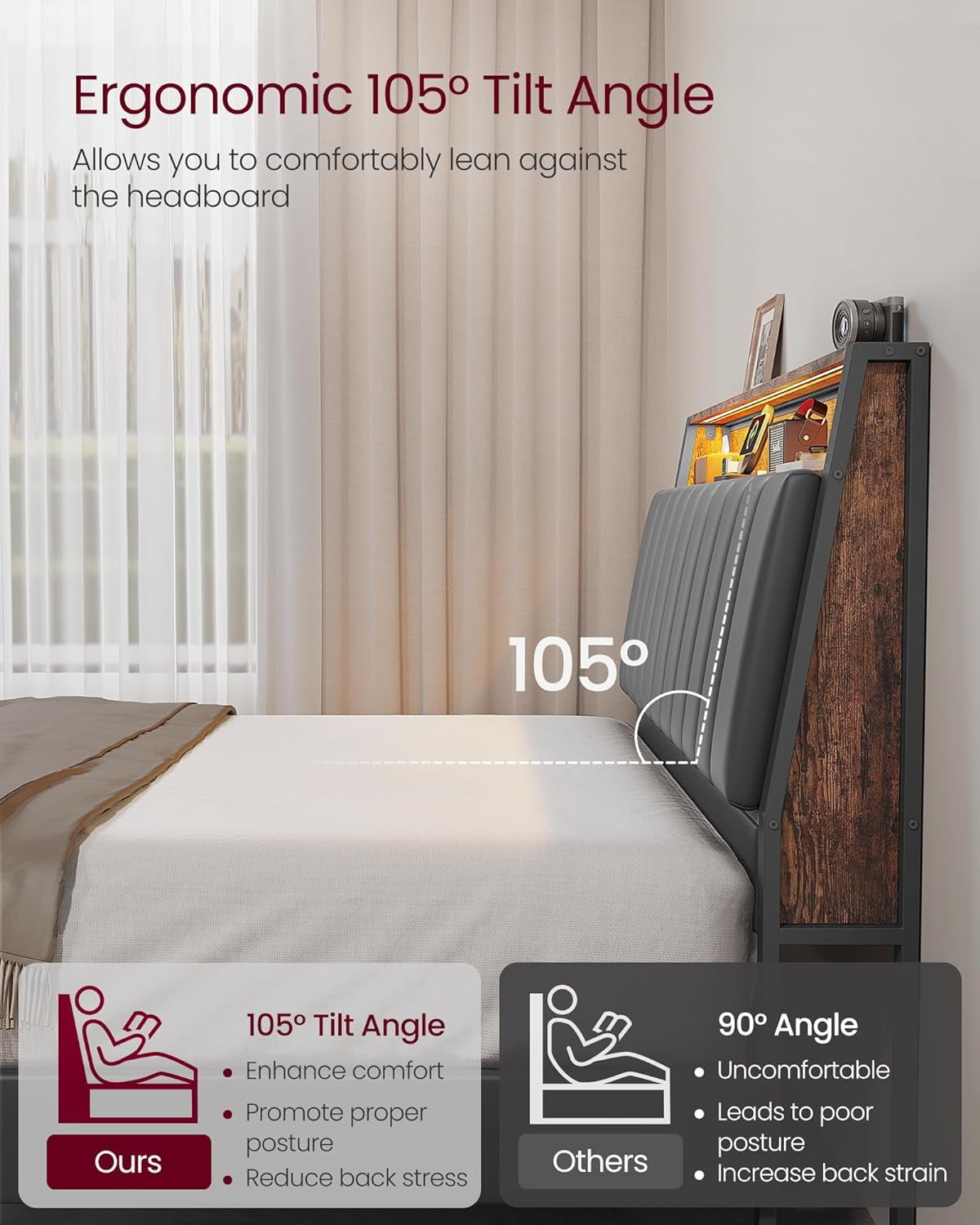 Queen Contemporary Steel PU Standard Bed with LED Lights, 1000lb Heavy Duty Platform Bed with Adjustable Lighting & No Box Spring Needed - Image 5