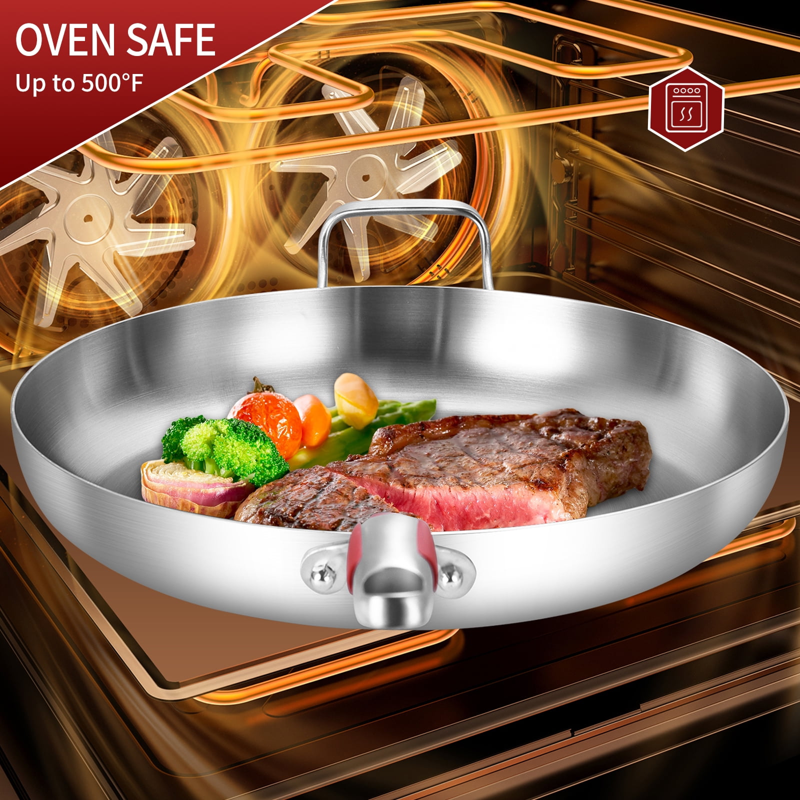 LOLYKITCH Tri-ply Stainless Steel Frying Pan with Lid,14 inch Large Skillet,Induction Cooking Pan,Dishwasher and Oven Safe. - Image 4