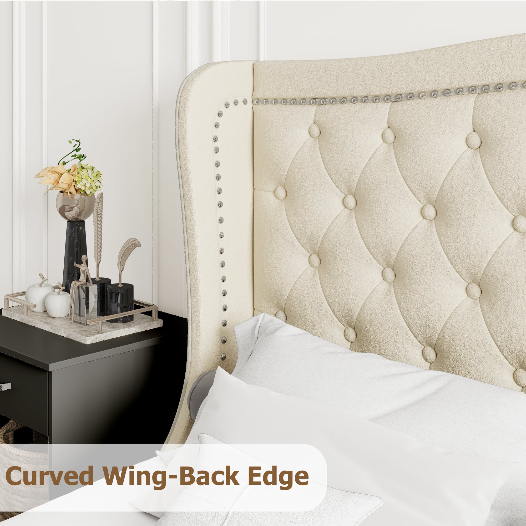 Homfa Full Size Bed, Modern Velvet Fabric Platform Bed Frame with Wing Back Tufted Upholstered Headboard, No Box Spring Needed, Beige - Image 7