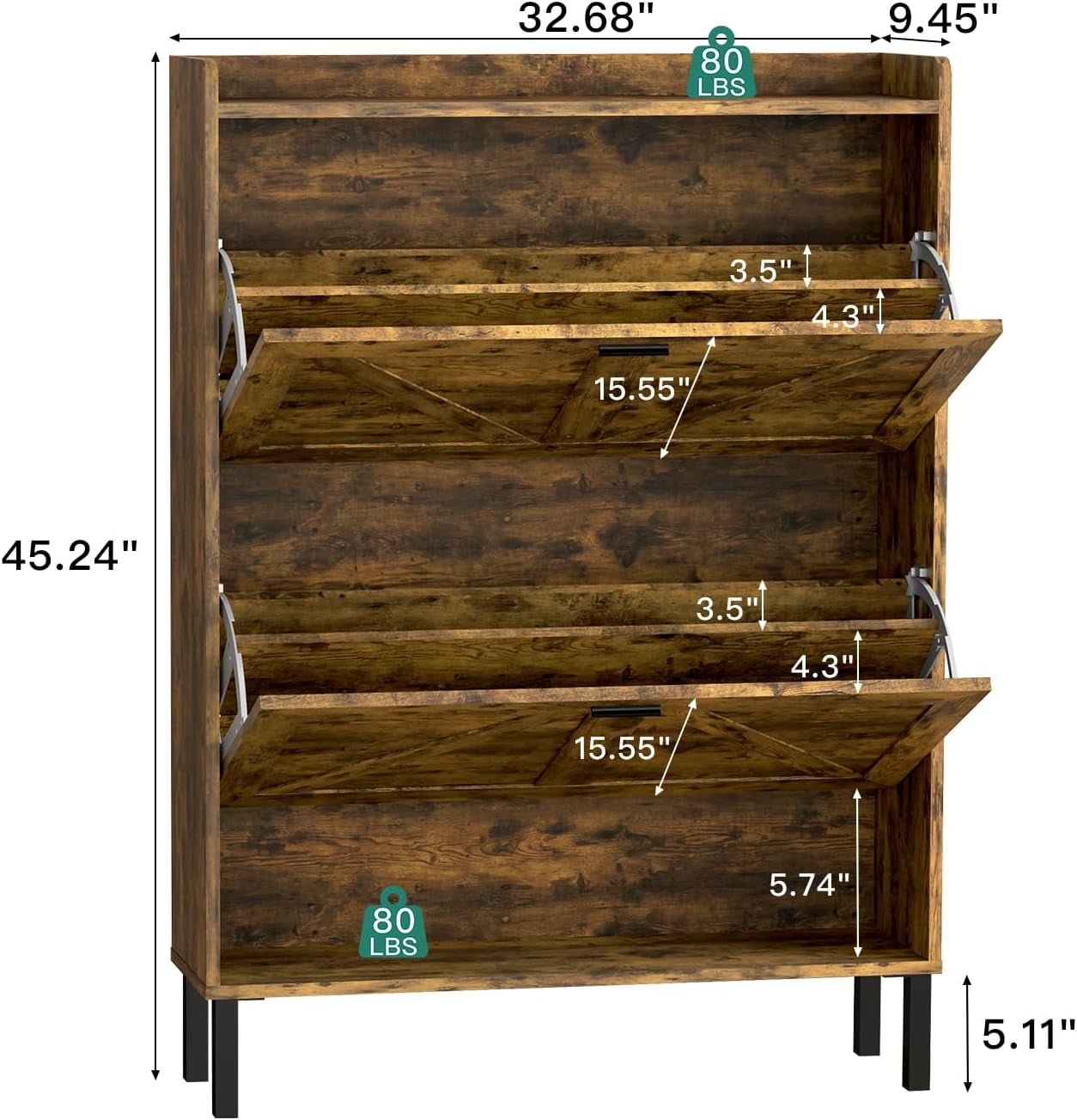 Vinform Farmhouse Shoe Storage Cabinet with 2 Flip Drawers for Entryway, Slim Wood Shoe Cabinet, Freestanding Narrow Shoe Rack Organizer with Metal Legs for Hallway Living Room (Rustic Brown) - Image 5