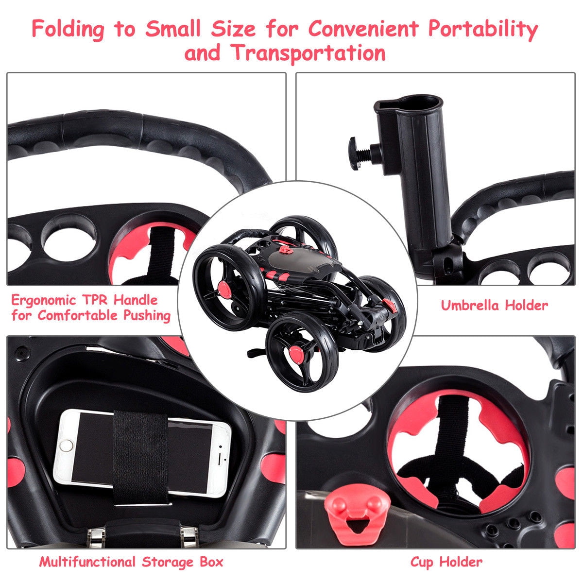 Costway Folding 4 Wheel Golf Pull Push Cart Trolley Club Umbrella Scorecard Drink Holder - Image 10