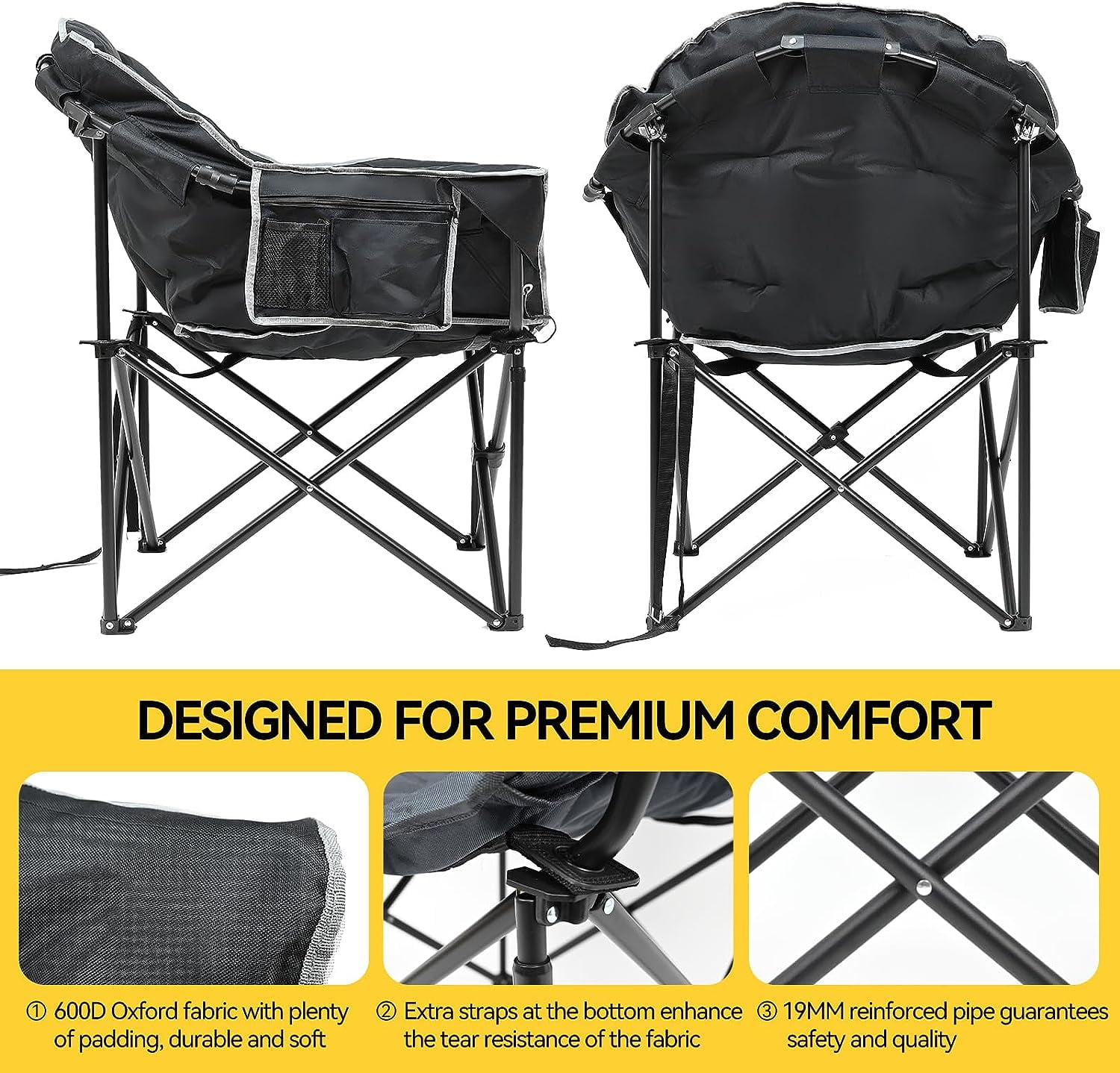 Slsy Oversized Heated Camping Chair, XL Padded Patio Lounge Chairs with 3 Heat Levels, Portable Folding Heated Chair Round Moon Saucer Folding Lawn Chair Outdoor Chair for Camping, Lounge Patio - Image 3