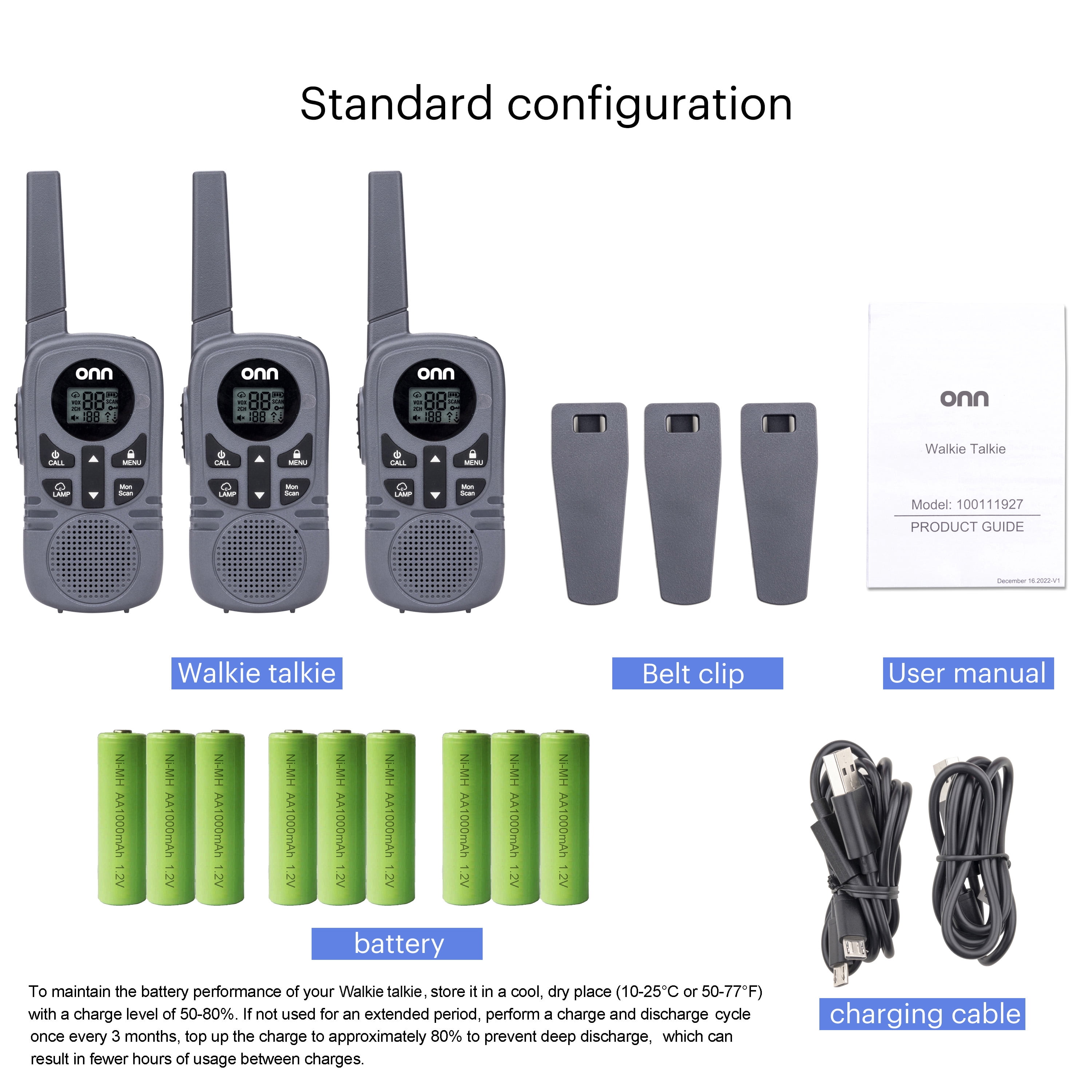 onn 23 Mile Range Walkie Talkies with Two Way Radios, LED Light and 22 FRS Channel Options, 3 Count - Image 5