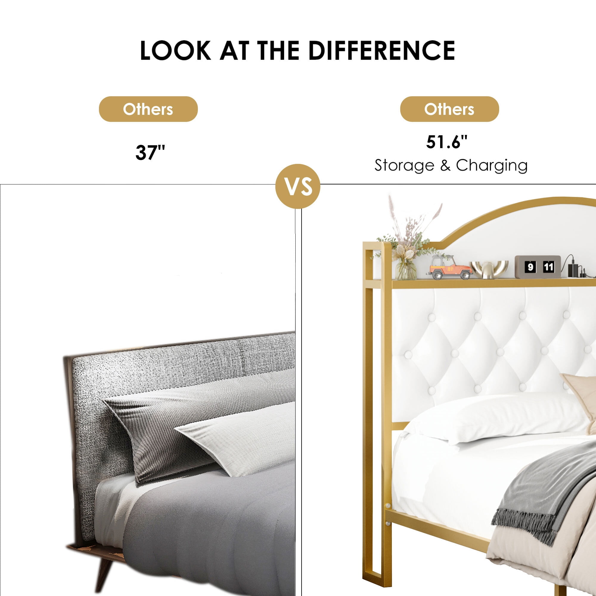 Homfa King Size Storage Bed with 3 Drawers, PU Leather Upholstered Bed with Shelving and Charging , White - Image 5