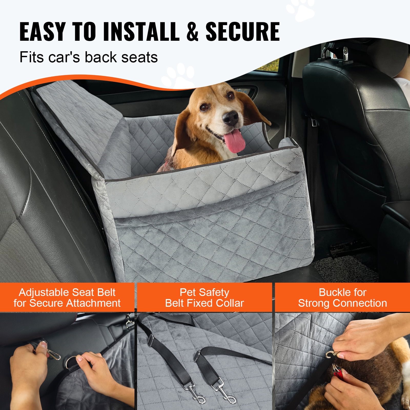 KFFKFF Canine Auto Seat, Medium & Large Dog Booster with Storage, Safety Leash Clip, Sponge Support, Pet Car Bed for Dogs up to 55 lbs, Gray - Image 2