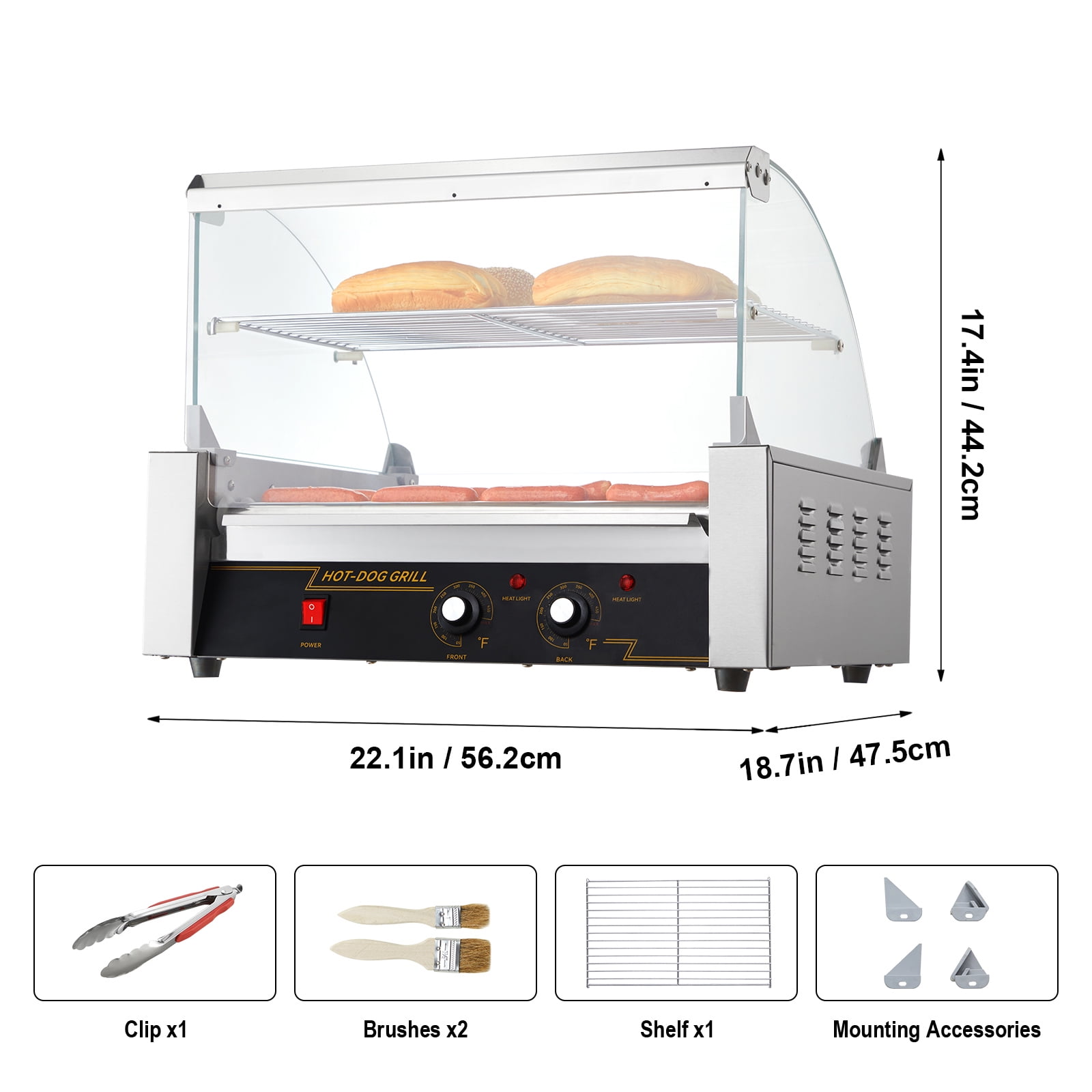 KFFKFF Backsplash Shelf 1650W Electric 30 Hot Dog 11 Roller Grill Cooker Machine - Image 6