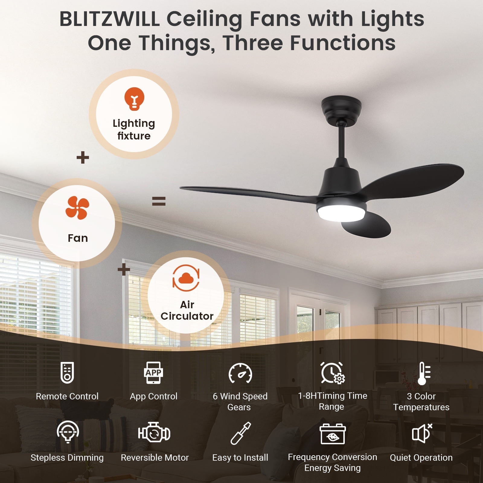 BLITZWILL Ceiling Fans with Lights and Remote & App Control,42 inch Modern Ceiling Fans,3 Reversible Blades Dimmable Noiseless, for Bedroom Kitchen Patio,Black - Image 2
