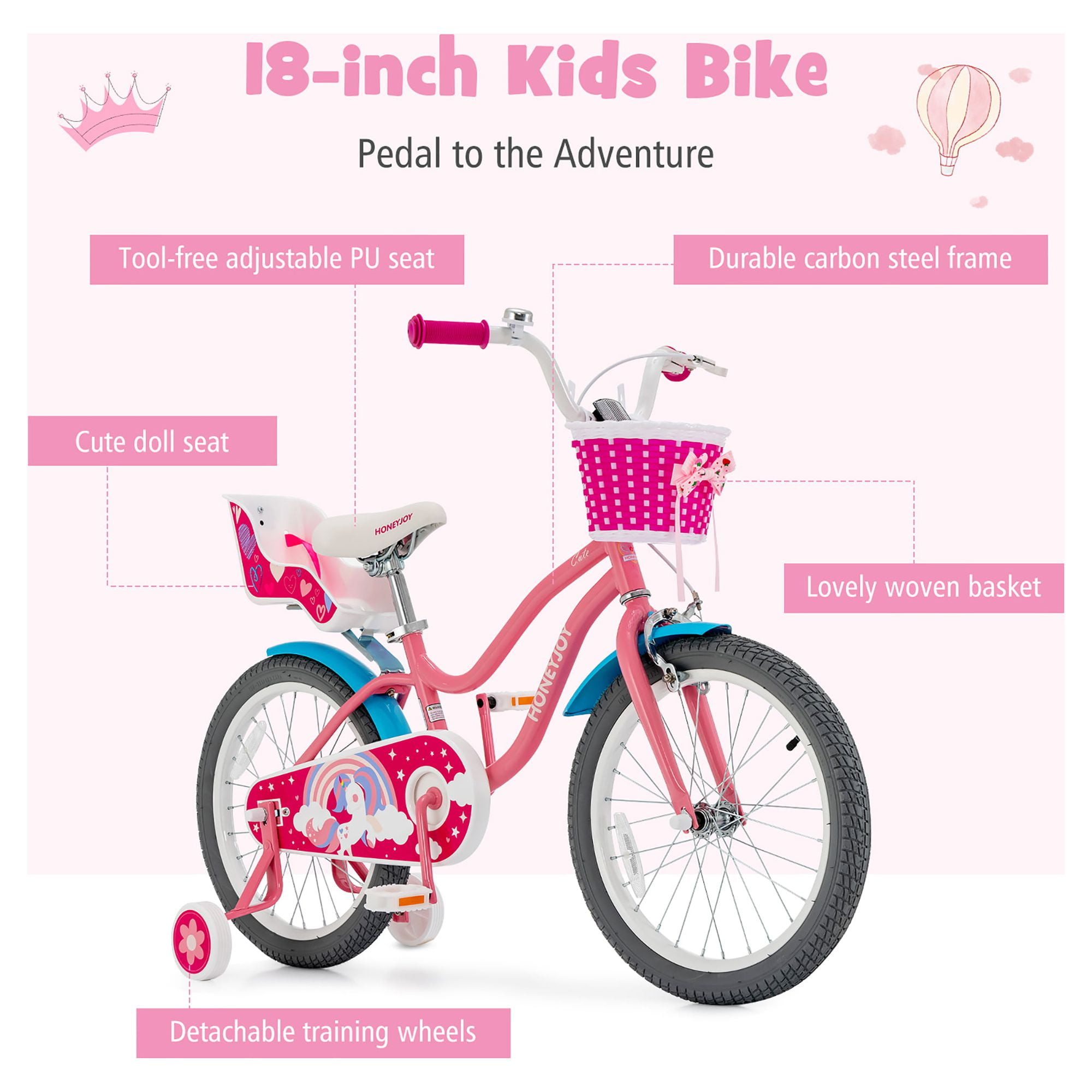 Honeyjoy 18 Inches Kids Bicycle with Training Wheels & Basket for Boys & Girls Age 5-9 Years - Image 7