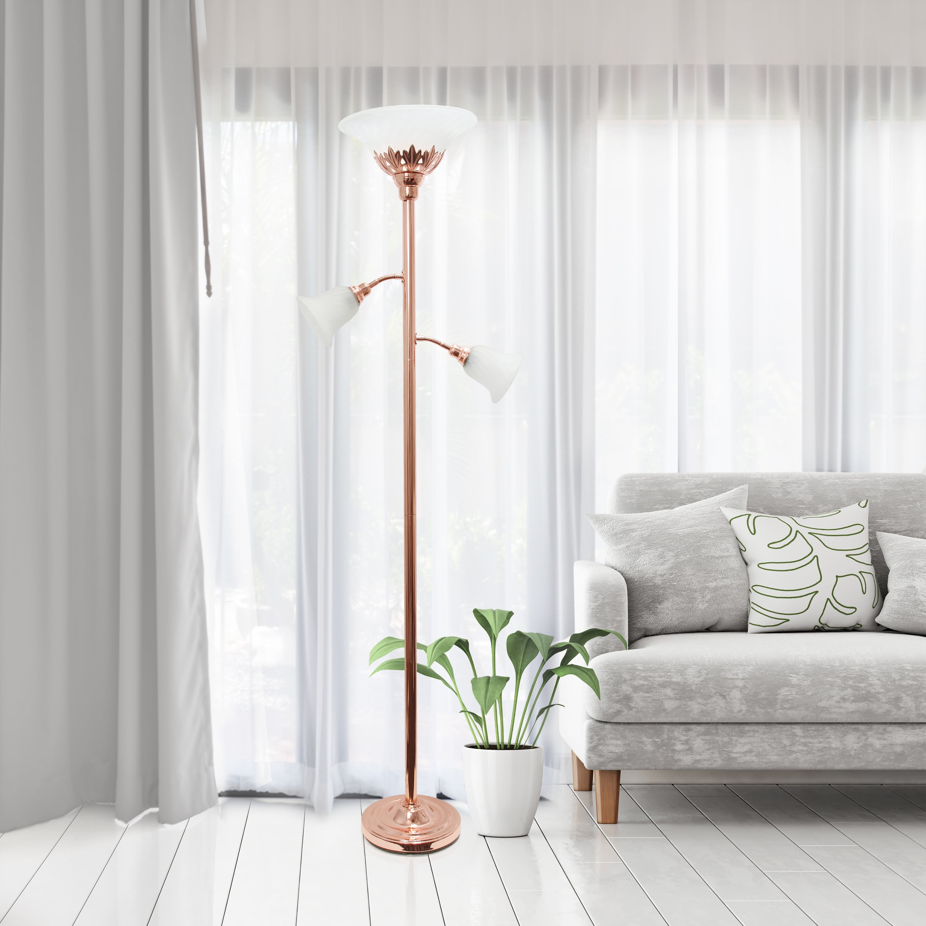 Elegant Designs 71" 3-Light Floor Lamp with White Scalloped Glass Shades, Rose Gold - Image 9