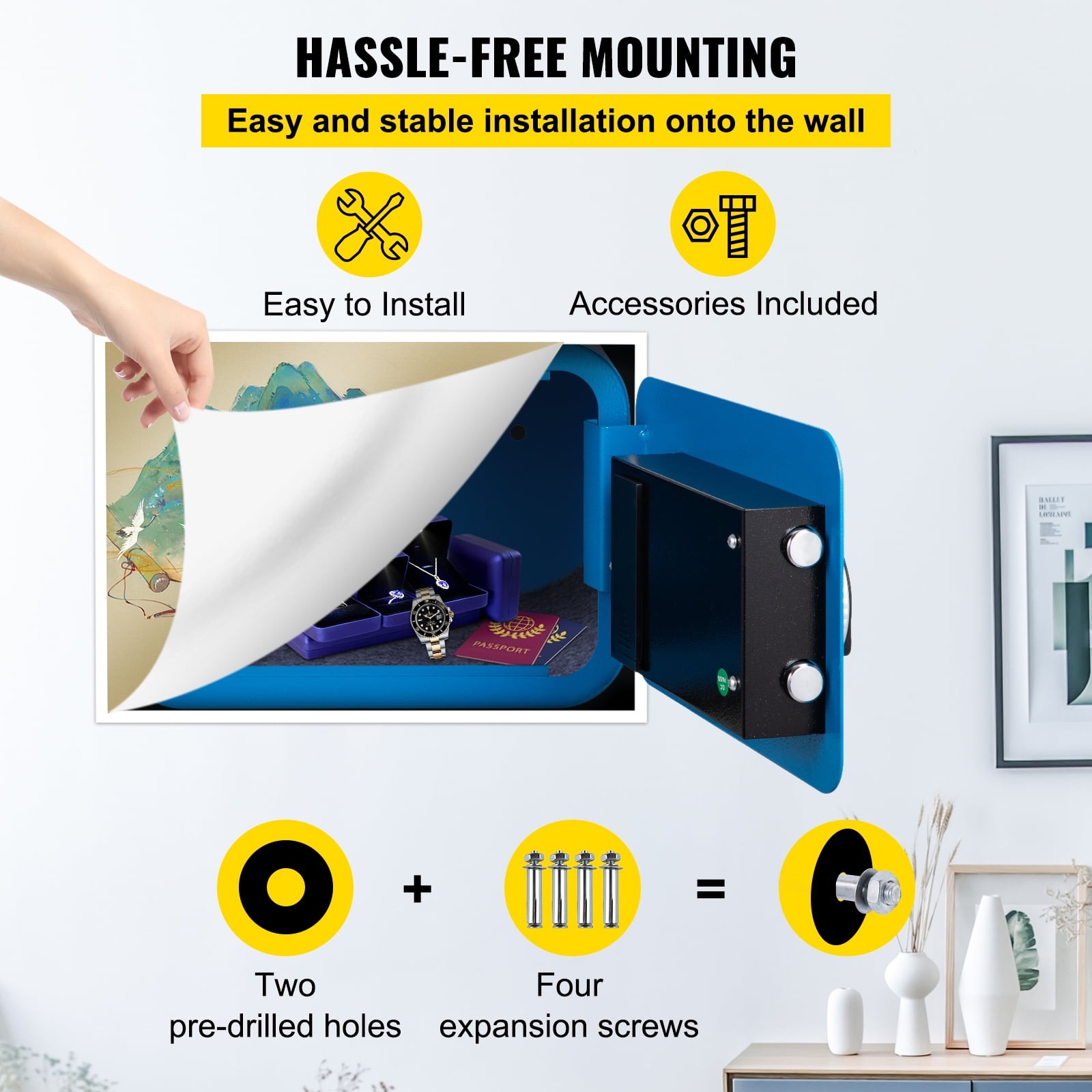 VEVORbrand Security Safe Box 1 CU.FT Money Safe with Fingerprint Lock and Key Lock, Alloy Steel Home Safes with 2 Keys, Wall-Mounted Security Safe for Cash, Jewelry, Passports, Documents, Blue - Image 5