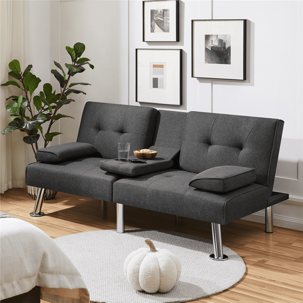 Renwick Fabric Upholstered Convertible Futon Sofa Bed with Cup Holders and Pillows, Dark Gray - Image 7