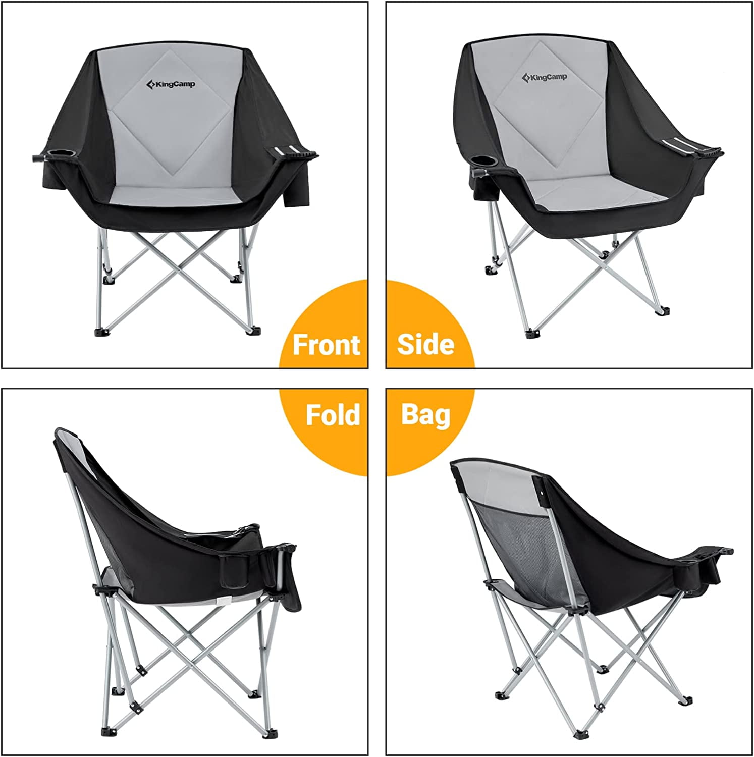 KingCamp Oversized Fully Padded Camping Chair for Adults, Support 330lbs Outdoor Folding Camping Sofa Chair with Pocket, Heavy Duty Folding Round Camping Chair, Black Light Grey - Image 10