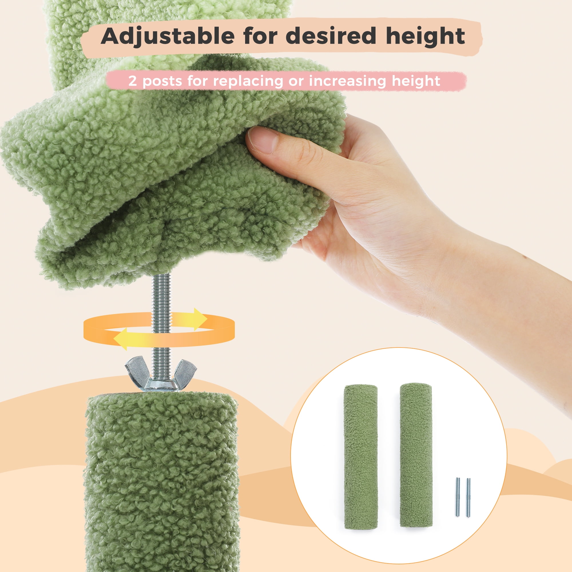 PAWZ Road 85-112" Cactus Cat Tree Floor to Ceiling Adjustable Climbing Cat Tower Scratching Post 2-Hammocks, Green - Image 10