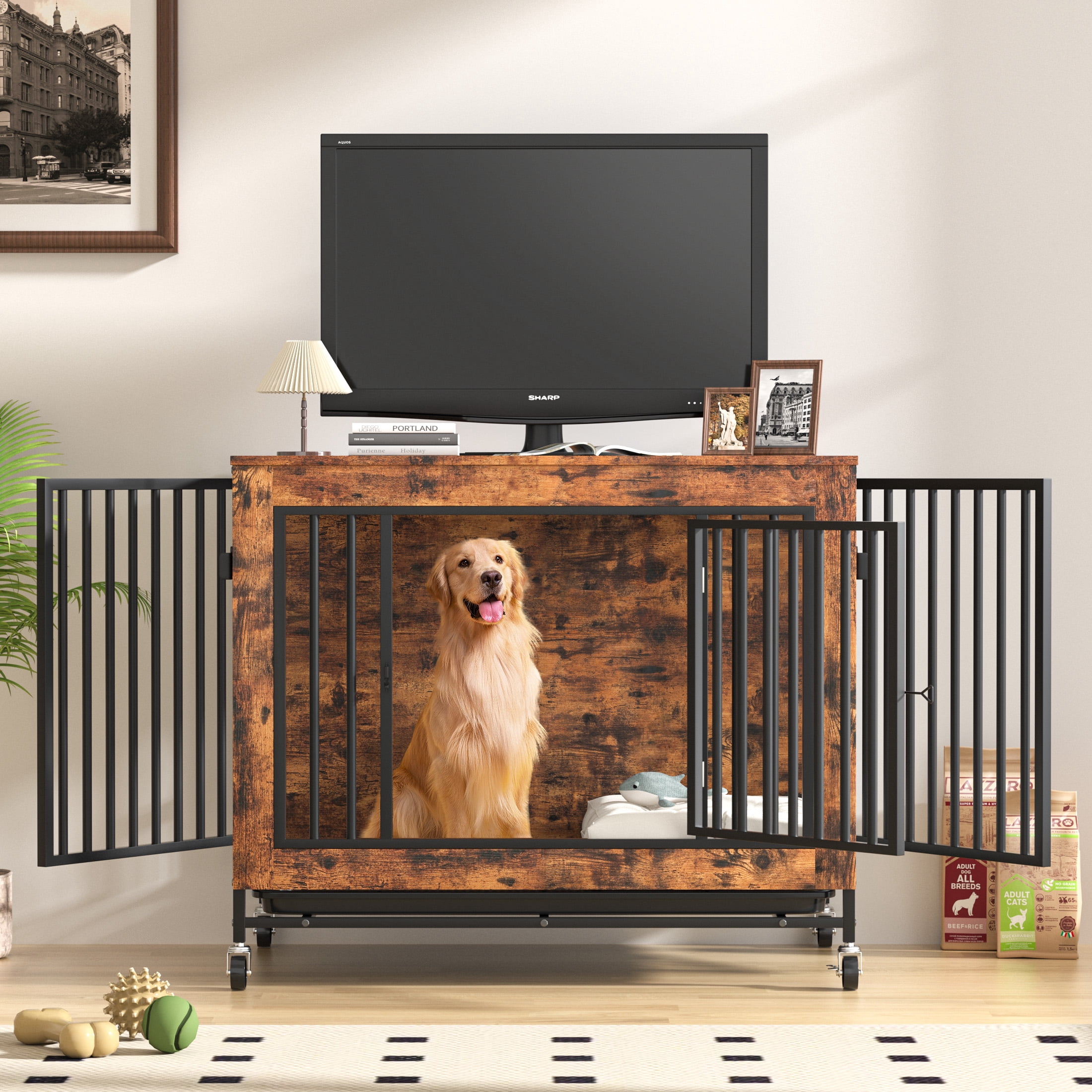 Monasem Wooden Dog Crate Furniture with Removable Tray,Heavy Duty Dog Kennels for Inside with 3 Door Wheeled for Medium to Large Dogs,38.6"L x 23.8"W x 27.4"H - Image 2
