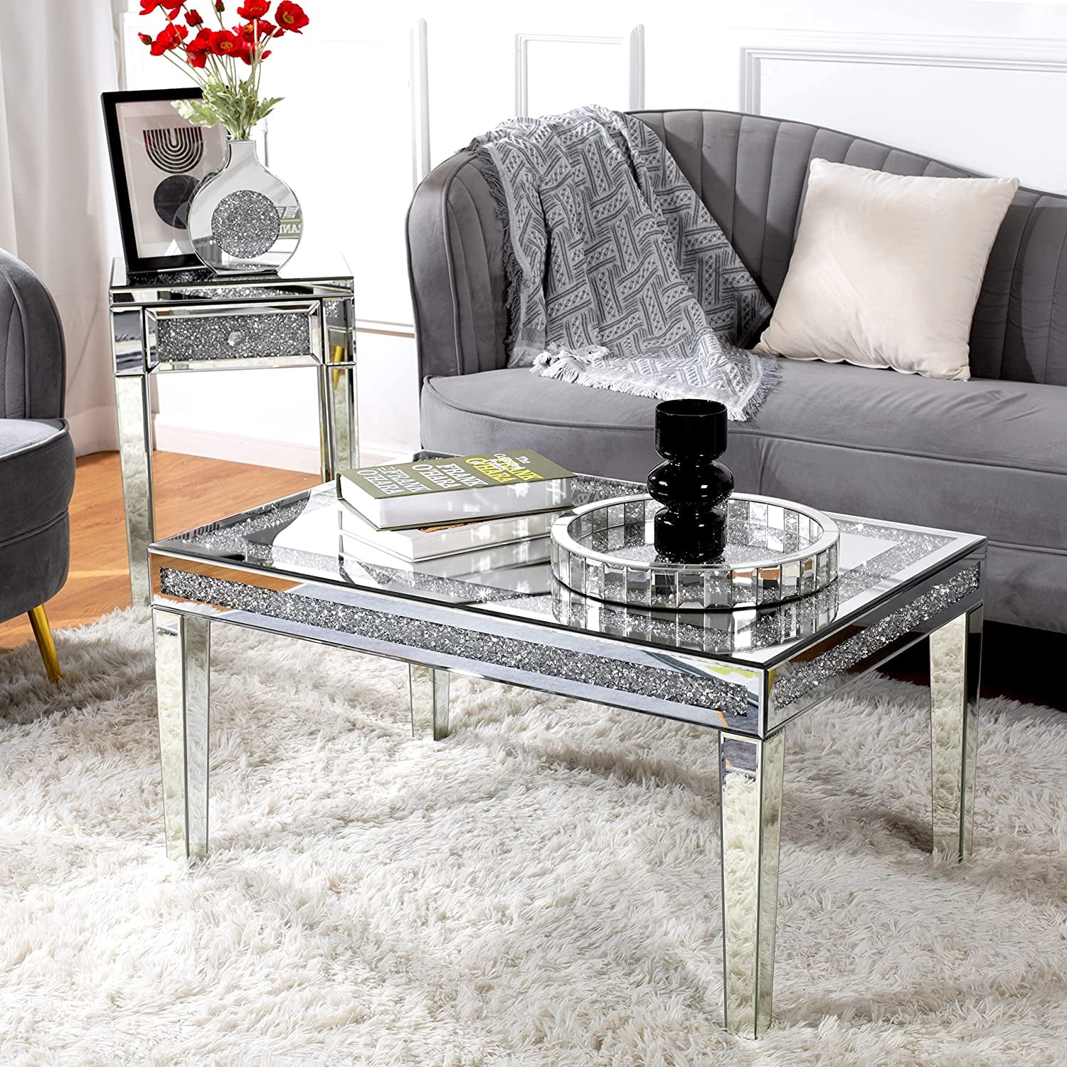 SHYFOY Silver Mirror Coffee Table Contemporary Rectangle Living Room Single Table - Image 2