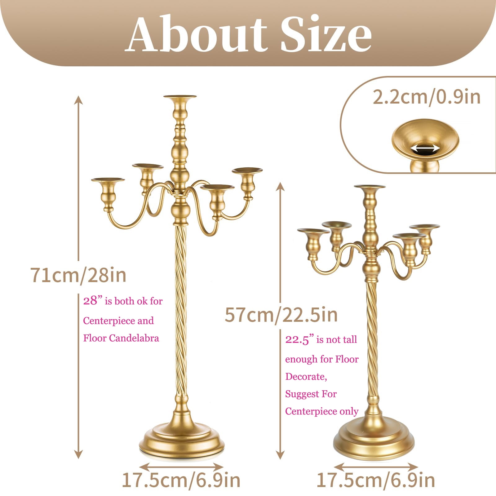 Nuptio 22 inch Gold Candelabra Centerpiece,Gold Candle stick Candle Holder Centerpieces for Tables Christmas Wedding Decoration ,Set of 2 - Image 3