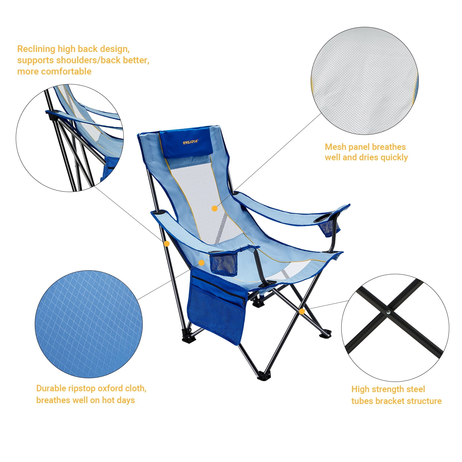 #WEJOY Folding Beach Chair High Back Camping Chairs Portable Outdoor Lawn Chairs Support up to 265lbs Blue - Image 8