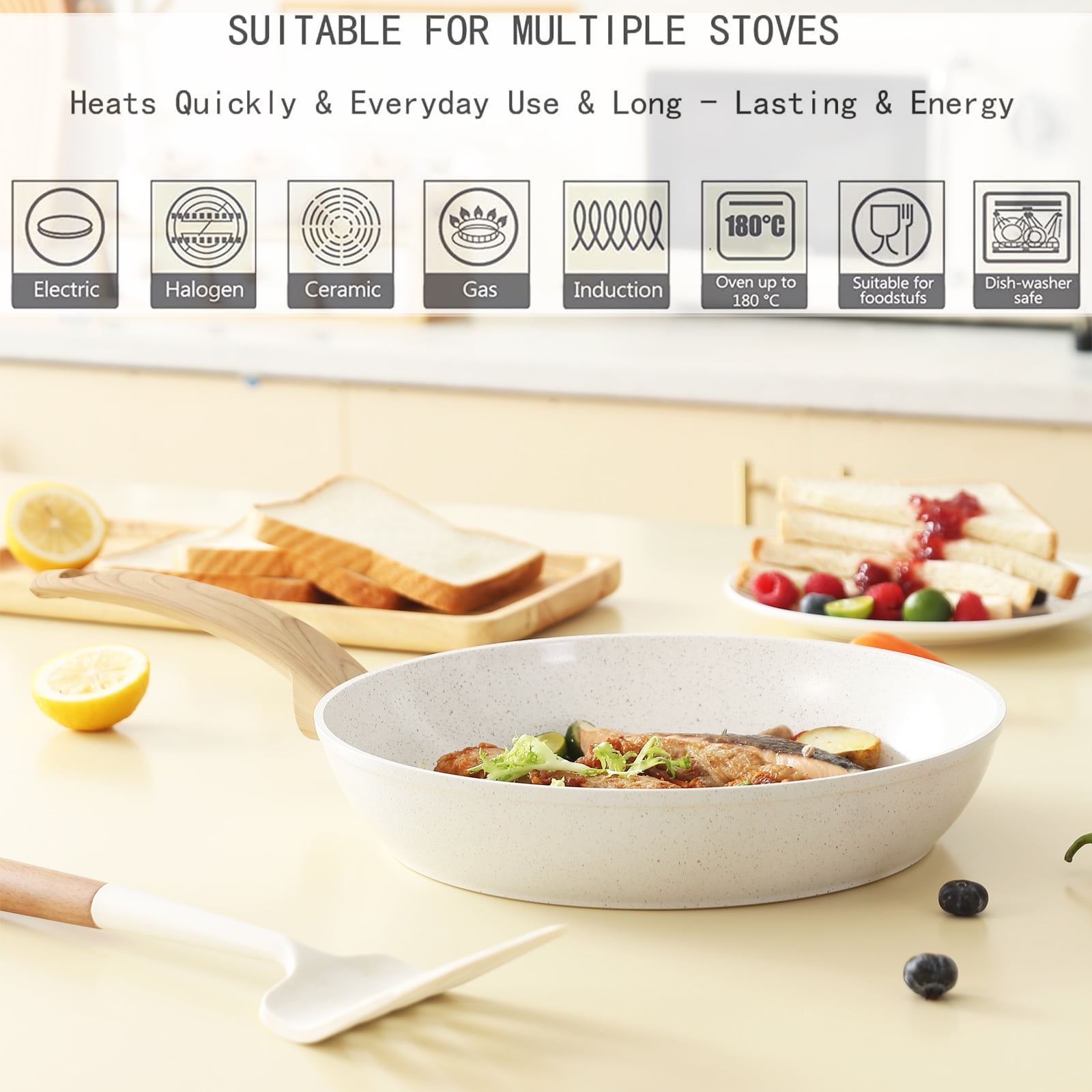 Vkoocy 6pcs Nonstick Ceramic Cookware Set, Non Stick Pots and Pans Set White Granite pattern - Image 3