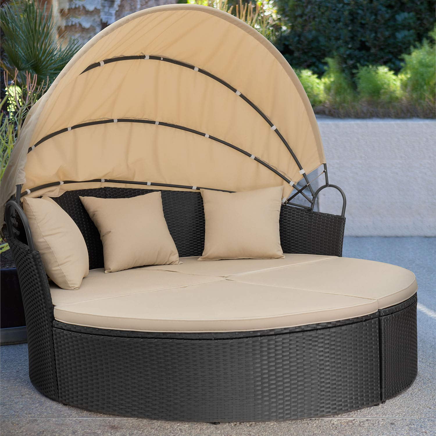 Lacoo Outdoor Patio Round Daybed with Retractable Canopy Wicker Furniture Sectional Seating with Washable Cushions for Patio Backyard Porch Pool Daybed Separated Seating (Beige) - Image 5