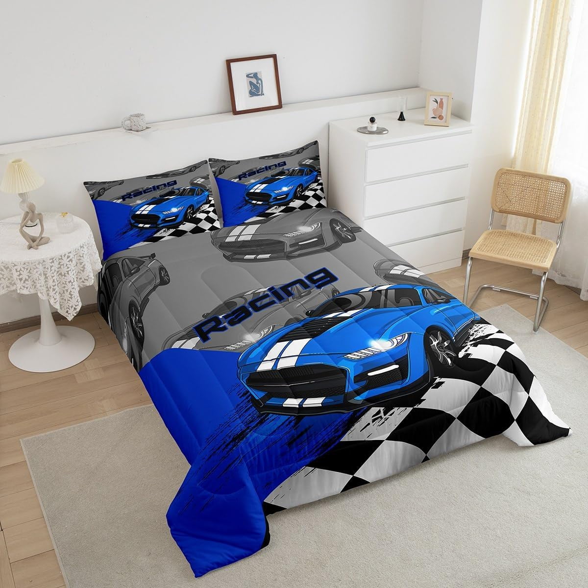Erosebridal Race Car Bedding Speed Sports Car Twin Bed Comforter Set Teens Blue Cool Car Extreme Sports Comforter Set, Black White Racing Lattice Quilt with 1 Pillowcase - Image 2