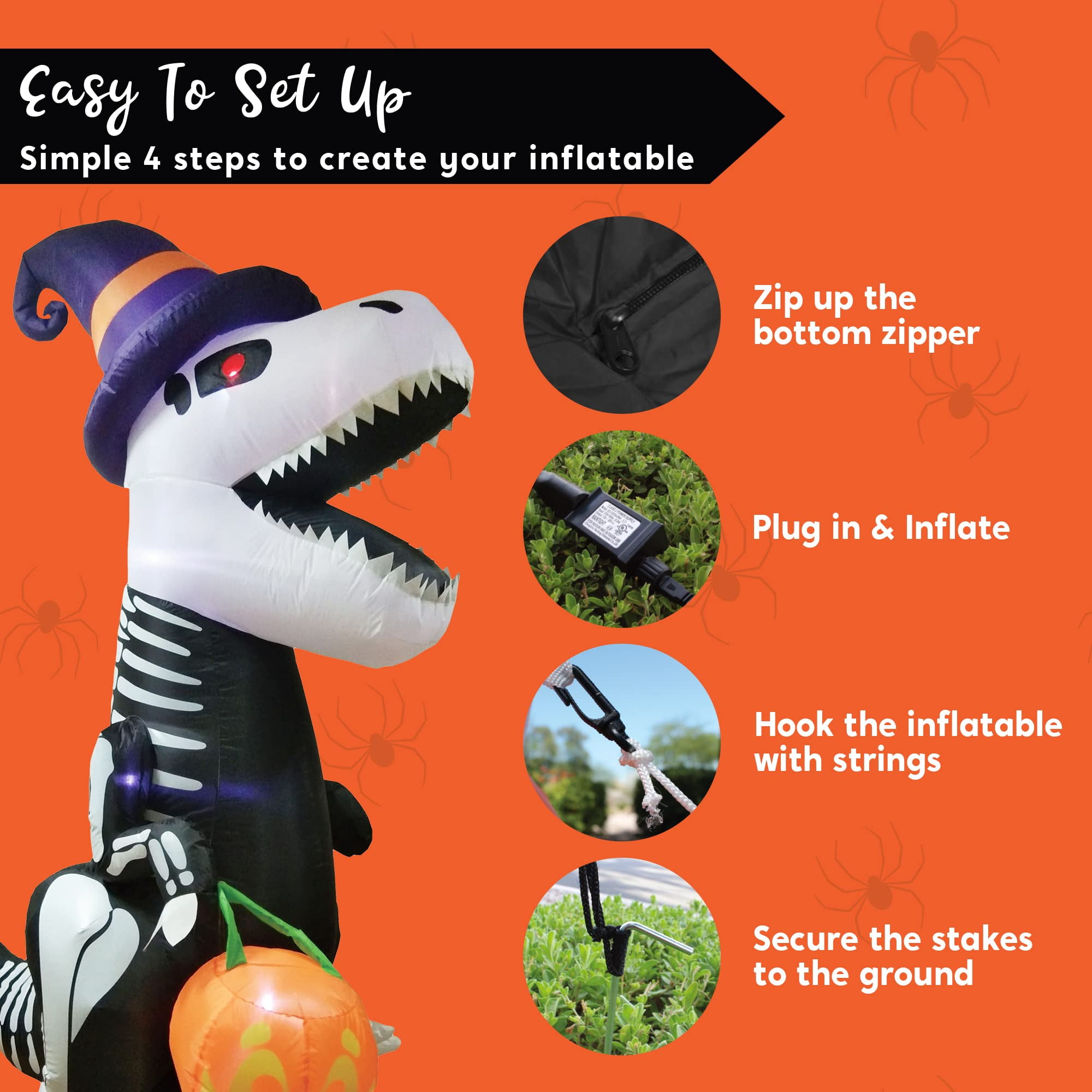 Joyfy 8 FT Halloween Inflatable Skeleton Dinosaur with Build-in LEDs Pumpkin Decorations,Halloween Outdoor Decorations Blow up Yard Decorations - Image 3