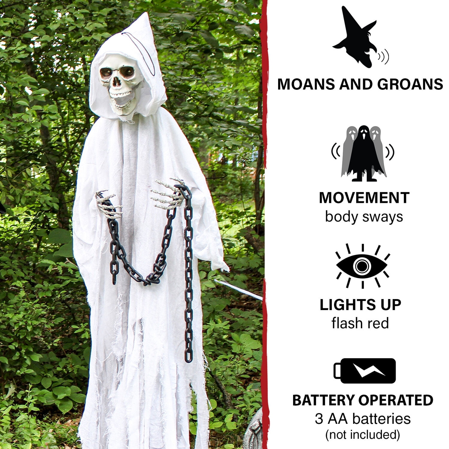Haunted Hill Farm 6.25 ft Reaper with Chains Dressed in White/Gray Cloak, Indoor/Covered Outdoor Halloween Decoration, HHRPR-10FLSA - Image 6