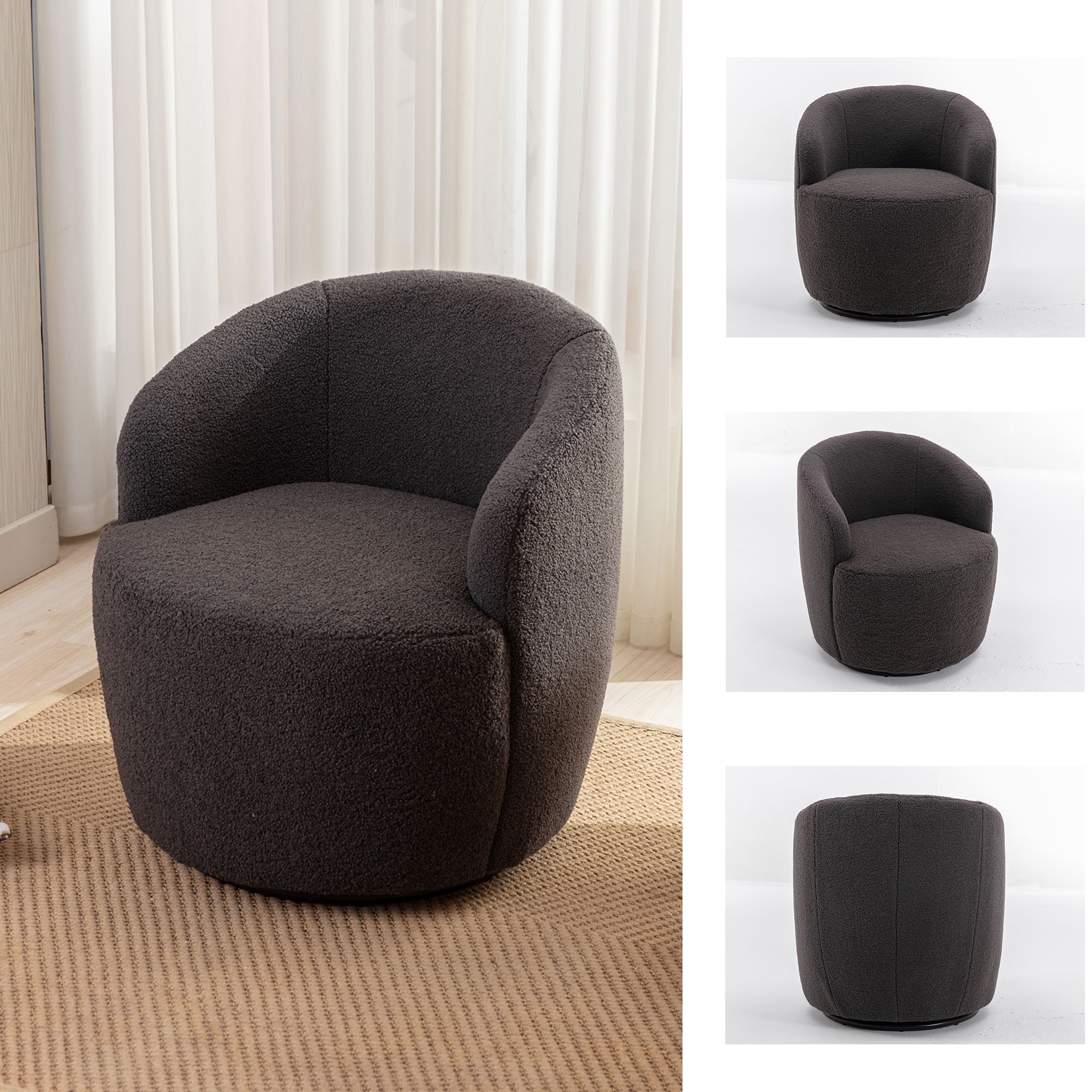 PORKISS Swivel Accent Chair, Armchair with Teddy Fabric, Barrel Chair with Black Powder Coating Metal Ring for Living Room, Bedroom, Dark Gray - Image 3