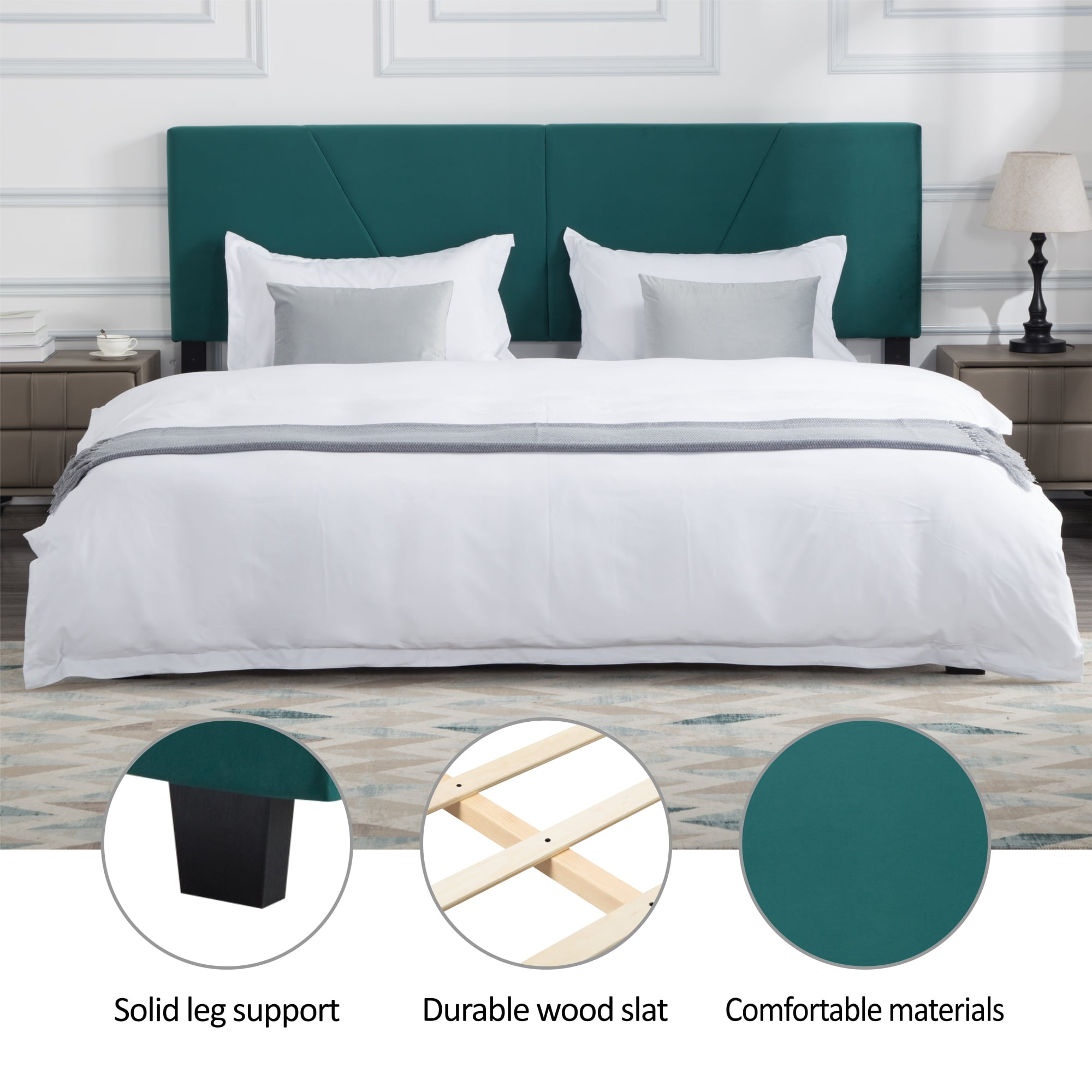 Gewnee King Size Platform Bed Frame with Upholstered Headboard, Mattress Foundation with Strong Wooden Slats Support Easy Assembly.Green - Image 2