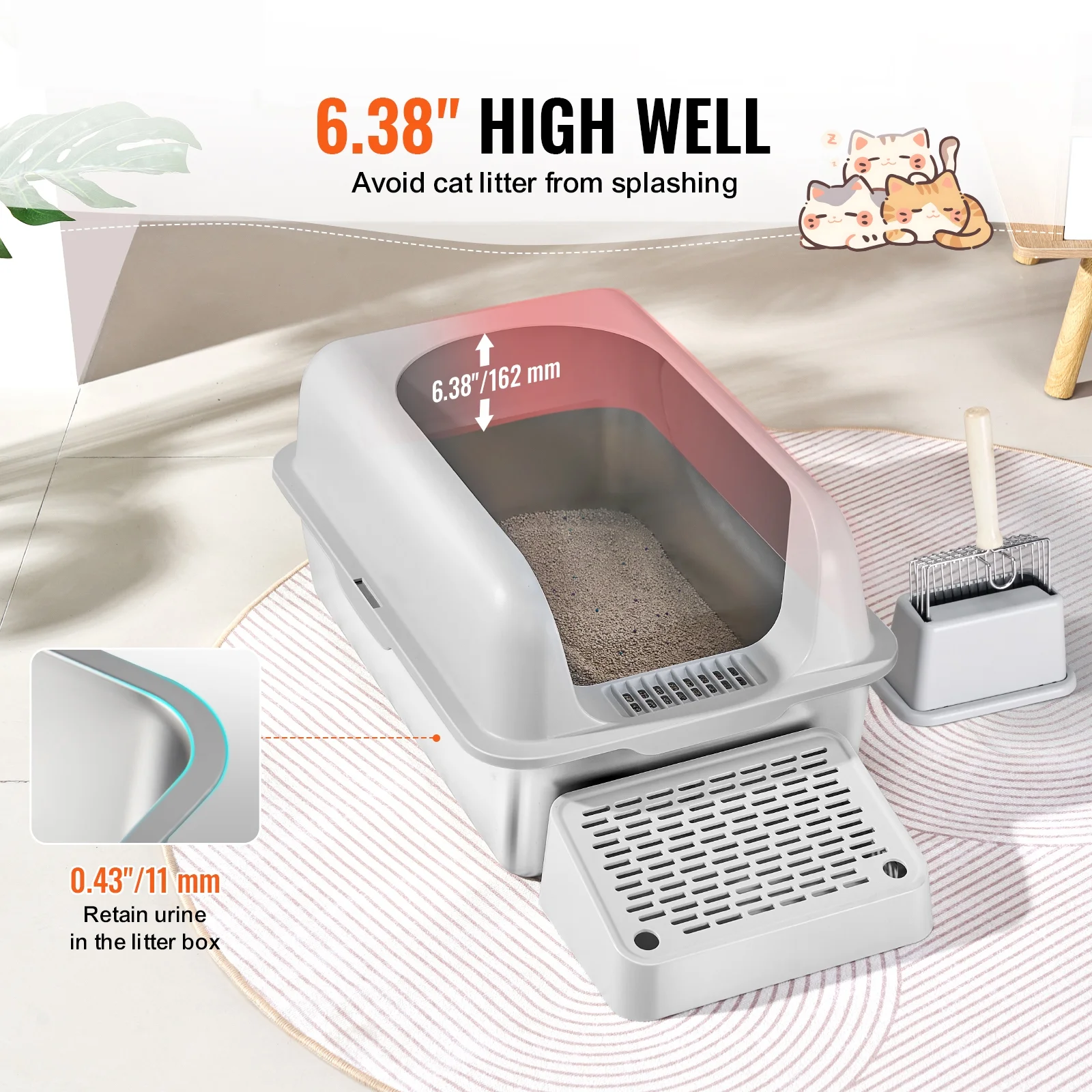 KFFKFF Feline Litter Container, Depth of 6 inches, Oversized Stainless Steel Feline Litter Container with Shovel, Broad Sieve-like Base & Tall Edges, Sealed Smell-Resistant Simple-to-Sanitize - Image 4