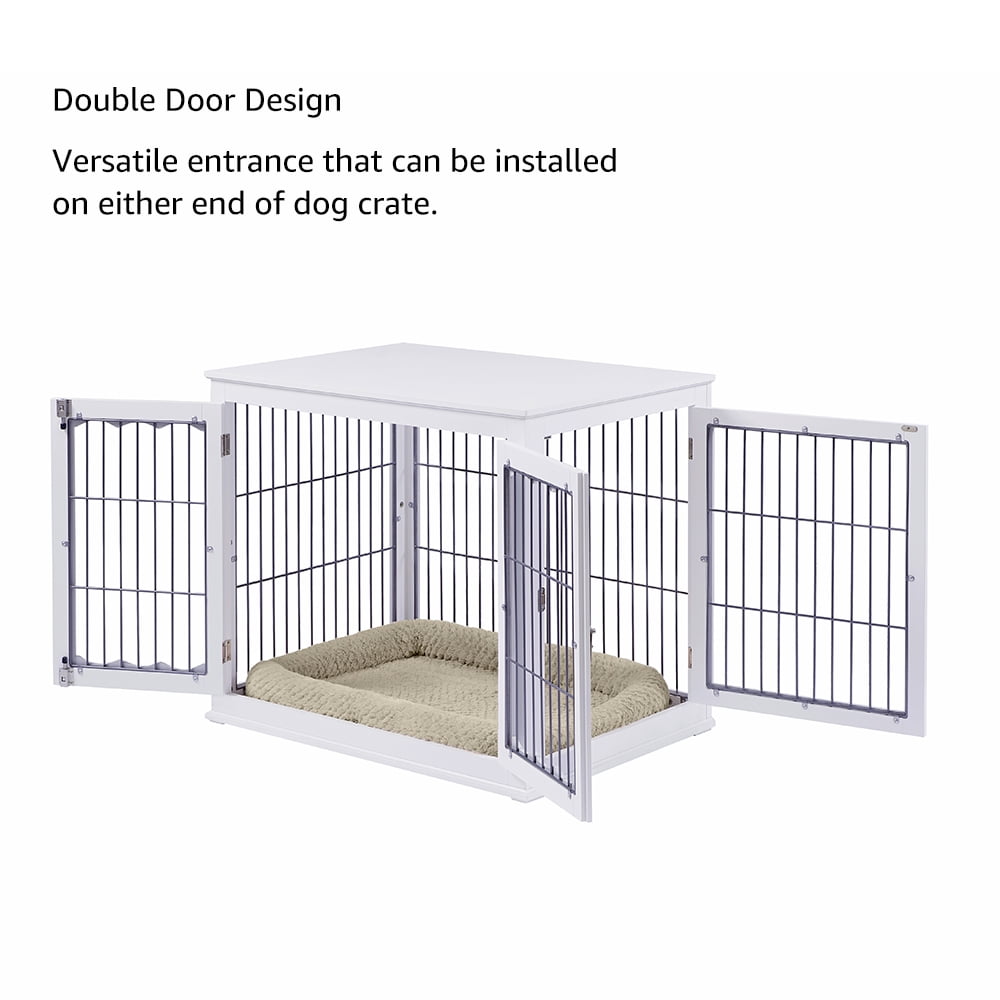 Unipaws Pet Crate Dog Bed End Table with Cushion, Wooden Wire Dog Kennels with Double Doors, Modern Design Dog House, Big Crate Indoor Use, White - Image 4