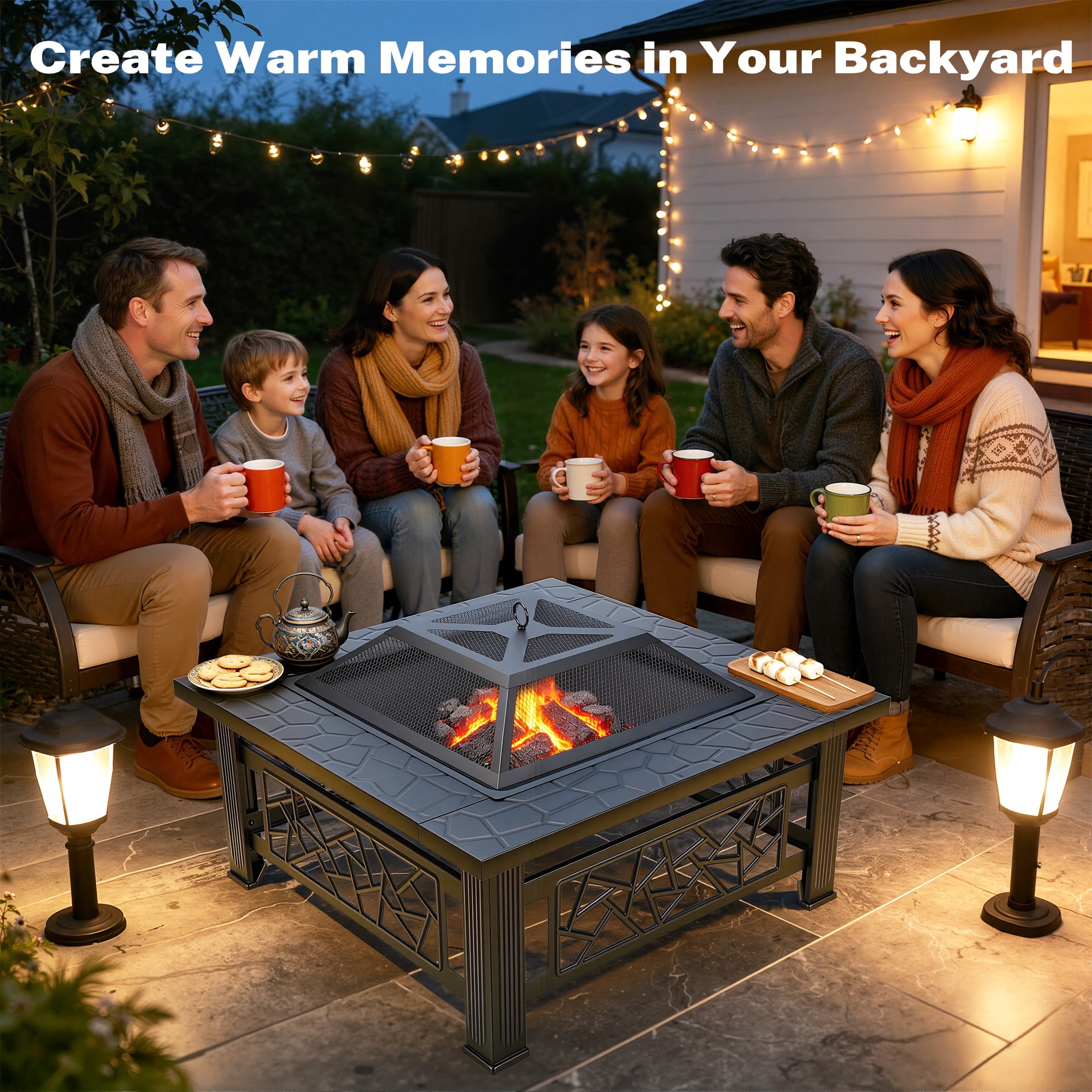 32" Fire Pit Table, UHOMEPRO 3-in-1 Outdoor Fire Pit with BBQ Grill, Mesh Lid & Cover, Modern Metal Square Wood Burning Fire Pit for Outside, Backyard, Patio & Camping - Image 12