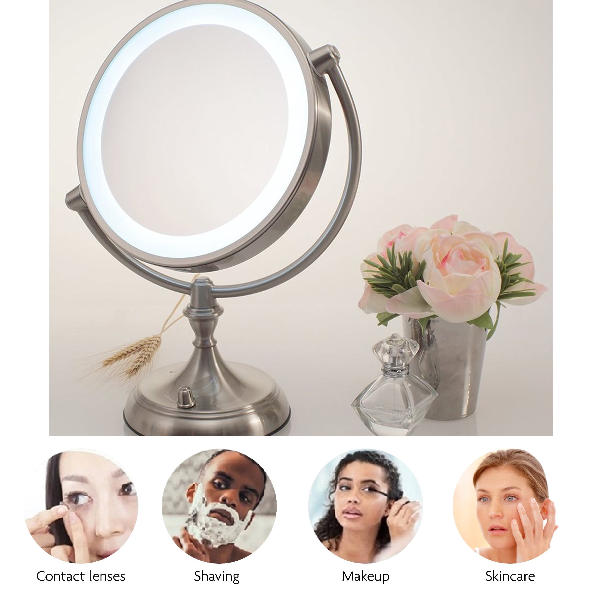 Ovente Lighted Makeup Mirror Tabletop 9.5 Inch 1X 5X Magnifier Dimmable 360 Degree Double Sided Spinning LED Acrylic Edge Battery USB Powered Vanity Skin Care Circle Large Nickel Brushed MGT95BR1X5X - Image 5