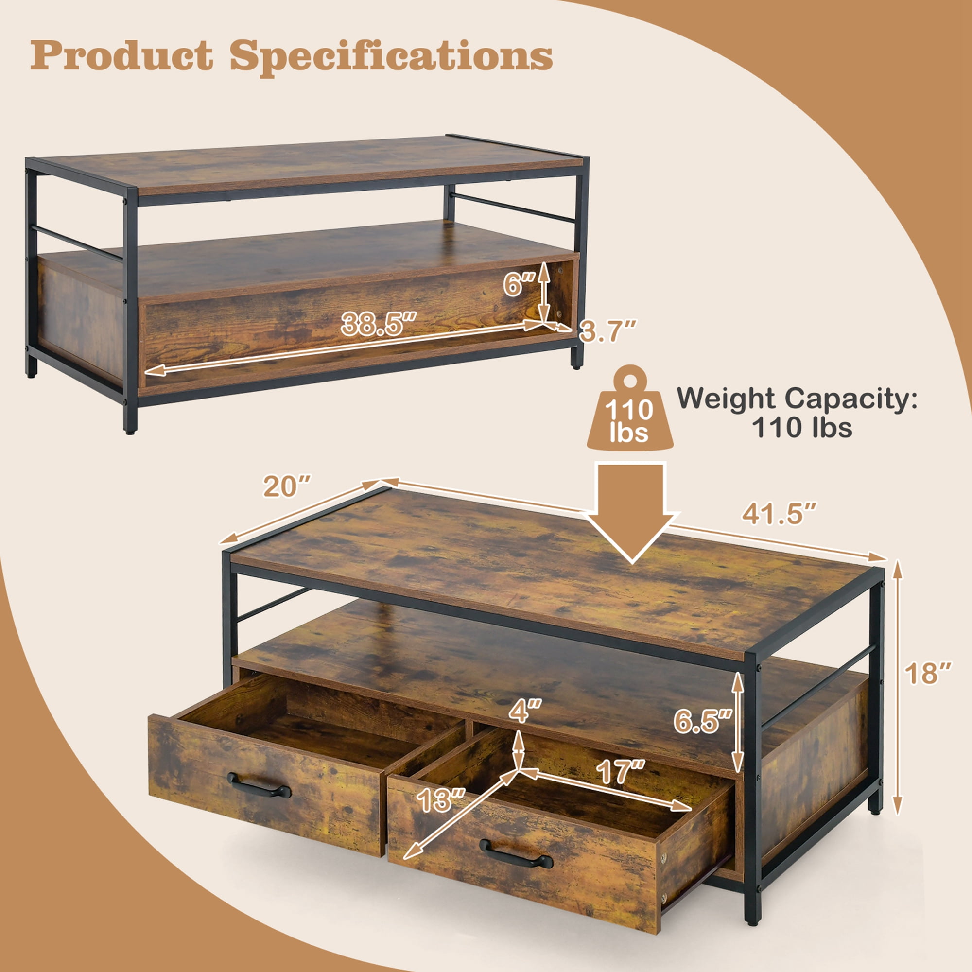Costway Coffee Table with Storage Drawers& Shelf Coffee Table with Metal Frame for Living Room - Image 5