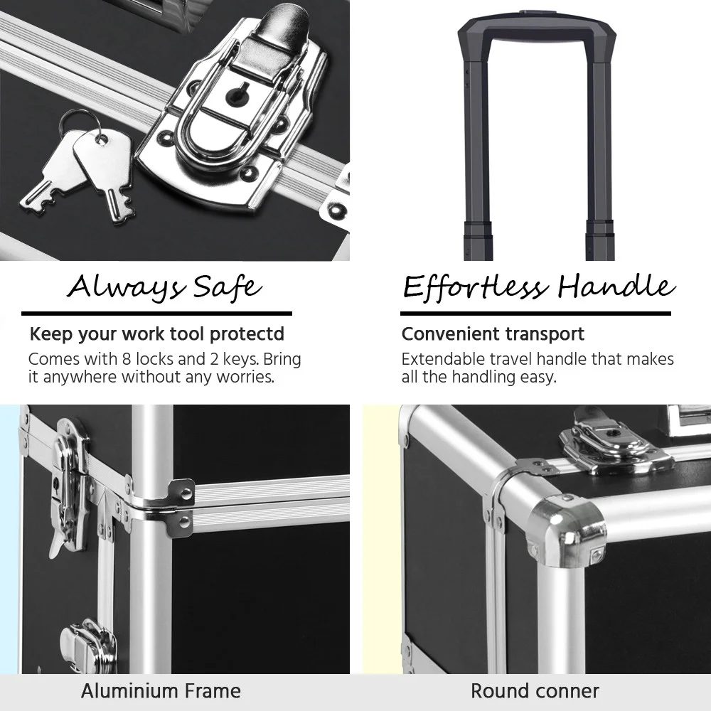 Alden Design Professional Makeup Case, 3 in 1 Portable Trolley, Black - Image 8