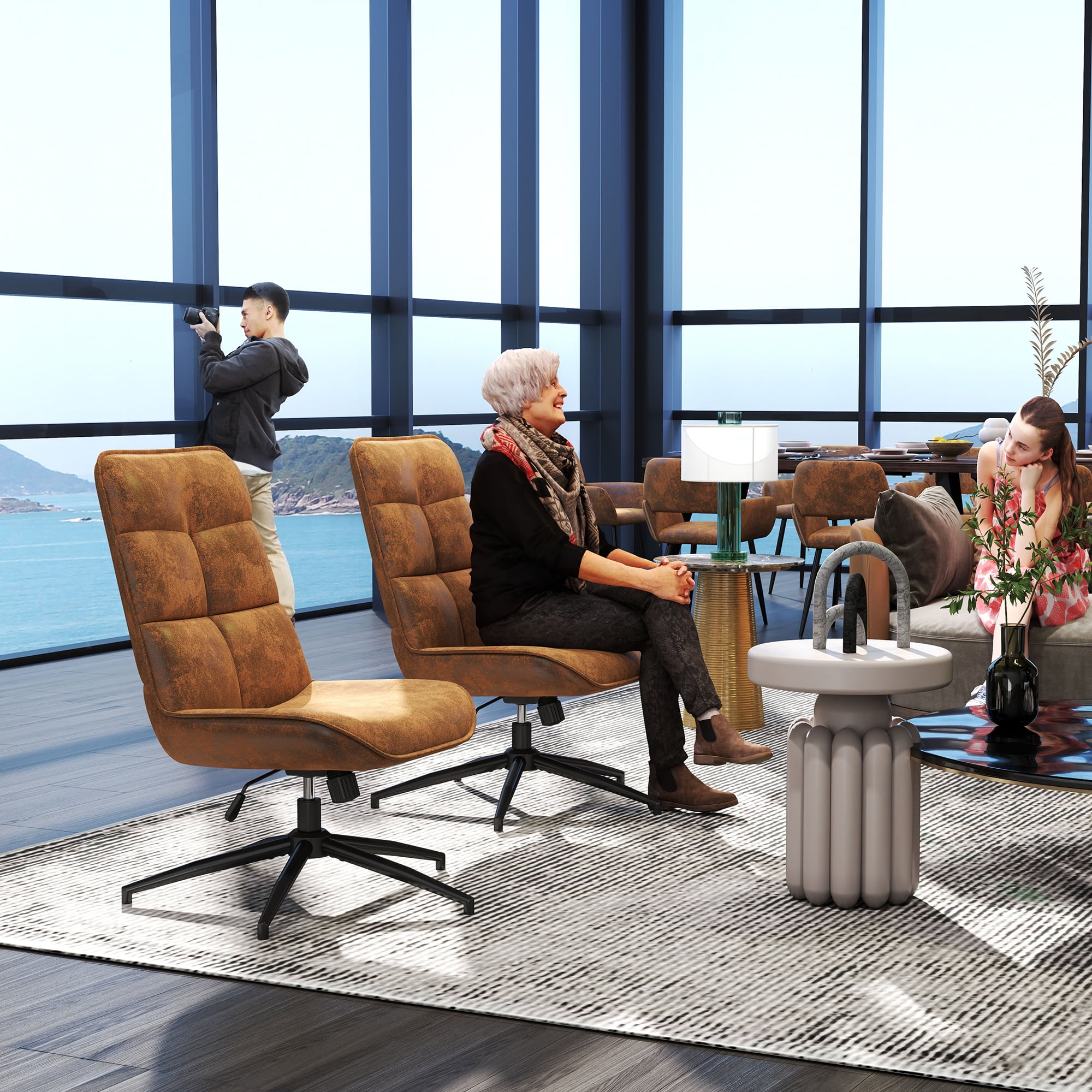 Homy Casa Office Desk Chair, Adjustable Height 15° Tilt High Back Swivel Leisure Chair Makeup Vanity Chair, Brown - Image 5